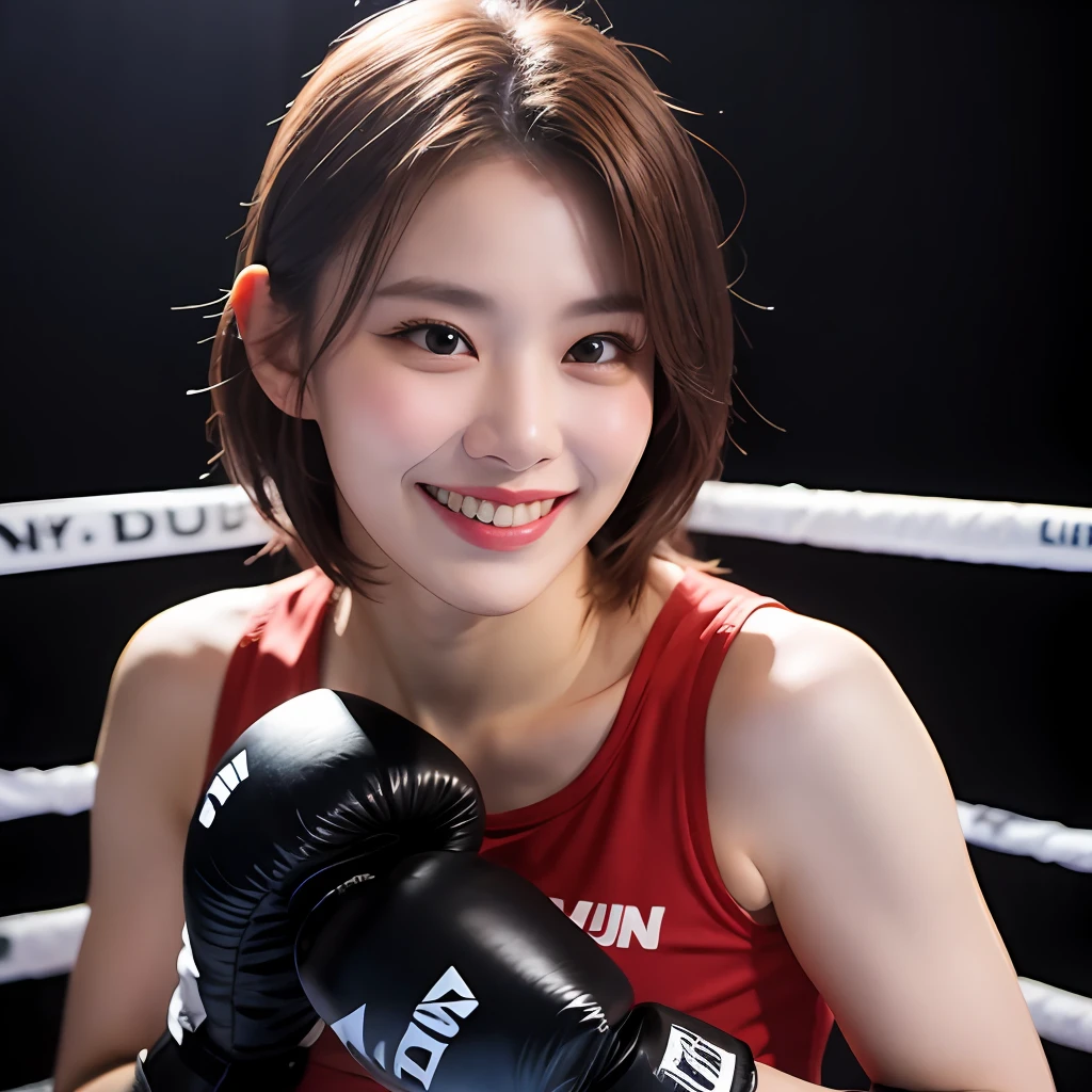 a sserafimsakura, hyper realistic, lifelike texture, dramatic lighting, Nikon RAW photo, 8k, Fujifilm XT3,masterpiece, best quality, realistic, (photorealistic:1.4), ultra detailed, extremely detailed face, solo,1girl, standing, (boxing gloves:1), (boxing ring),  (smile:1),