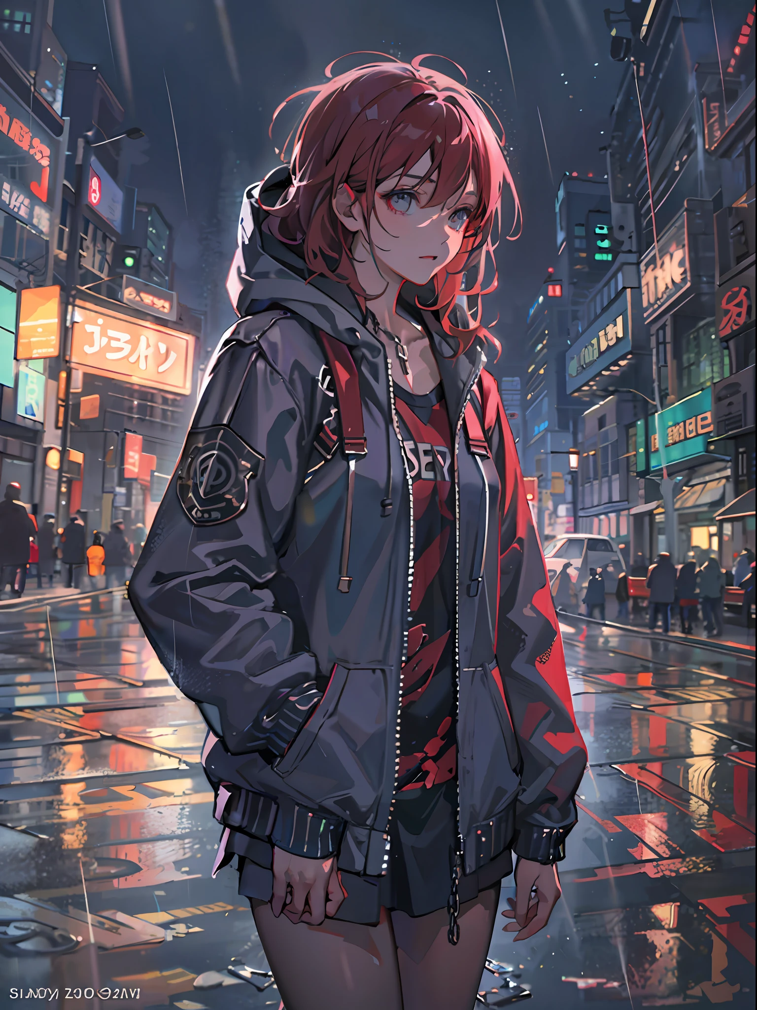1girl, jacket, rain, outdoor, hoodie, open jacket, chain, backpack, looking at another, messy hair, trending on artstation, 8k resolution, highly detailed, anatomically correct, sharp image, digital painting, concept art, trending on pixiv, style of makoto shinkai,