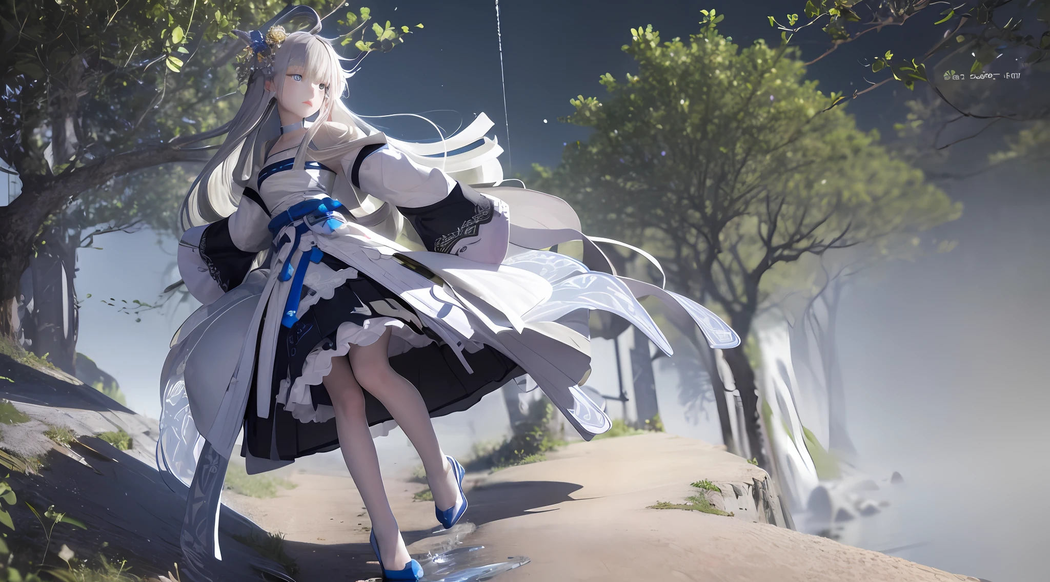 (Overlooking the perspective),dynamic angle,Super meticulous,illustratio,closeup cleavage,Looking directly at,Kizi,(fanciful:1.4),(Blue eyes:1.233),Her eyes shone like dreamy stars,(glowing light eyes:1.233) ,(美丽细致的眼睛:1.1),(silber hair:1.14),(messy  hair,Very long hair,french braid,Hair between both eyes,Lateral hair),(+(Gray hair flower:1.14)),(Chiffon dress,Uniform white flower pattern)/=(army suit:1.24),(Wide sleeves),(Fingerless gloves),choker necklace,(miko thighhighs),high heels boots,(Frightened expressions),(standing on your feet), (big trees，In the forest，Shadows interlace, All kinds of beasts, ),(flor branca,full bloom),(flowingwater),(Dark Blue World Tree:1.14),(废墟),(natta:1.2 ),Dreamy,soul,(Fluorescence),(Flying translucent blue butterfly:1.15),[[Delicate fingers and hands:0.55]::0.85],(Finger details),(yubao:0.5),3D，full bodyesbian，the detail，Background bokeh，high qulity，high detal，deep v big breasts，huge-breasted，flat lay，Expose cleavage，Large trees interlace，full bodyesbian，Hanfu，solo person