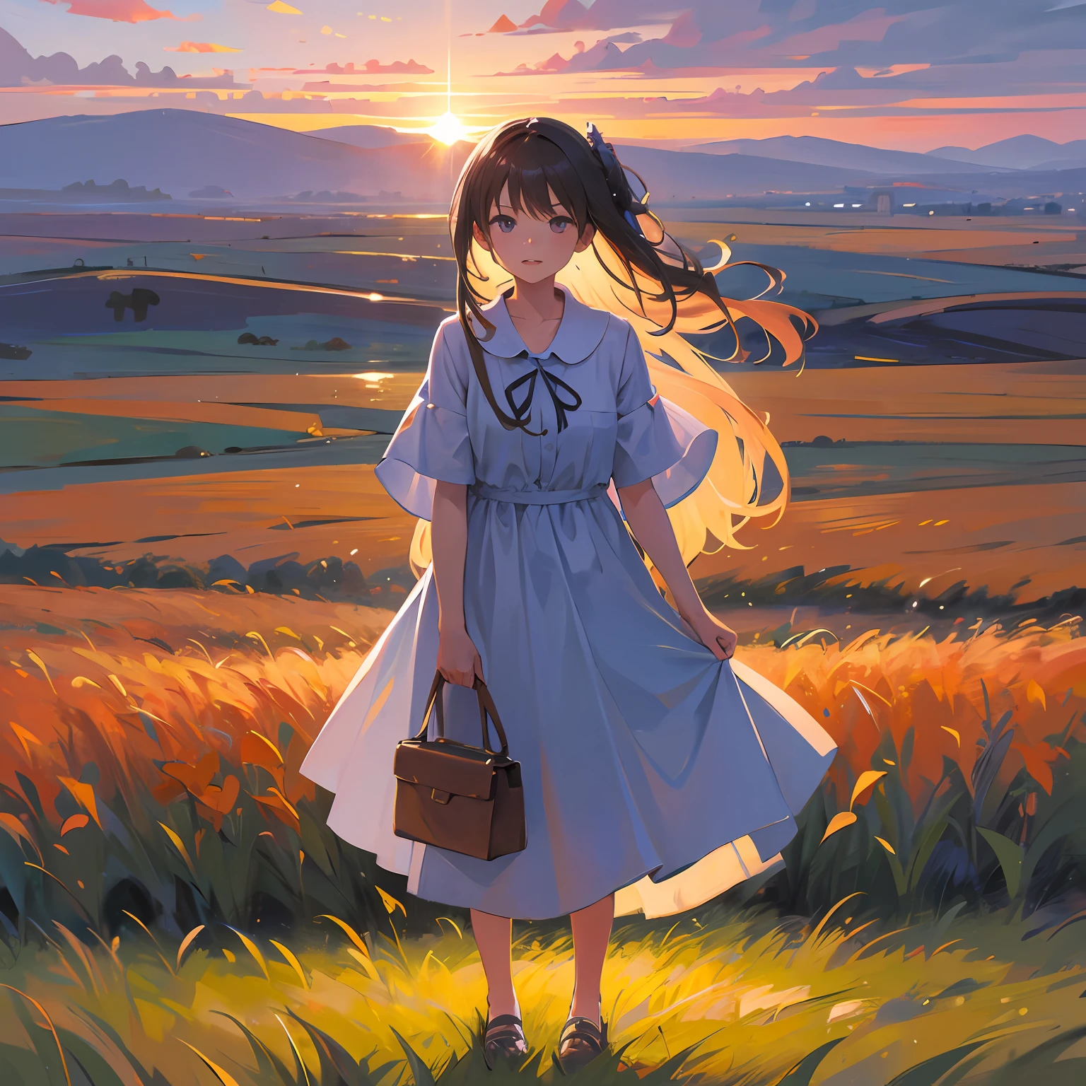 girl standing in field, closeup, portrait, clouds, sunrise