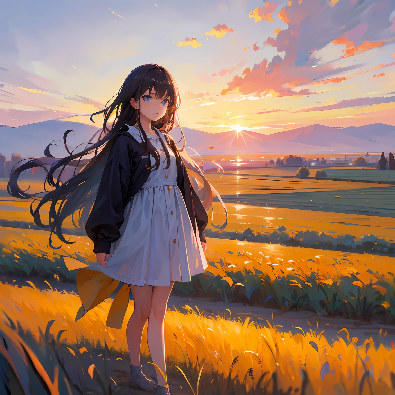 girl standing in field, closeup, portrait, clouds, sunrise