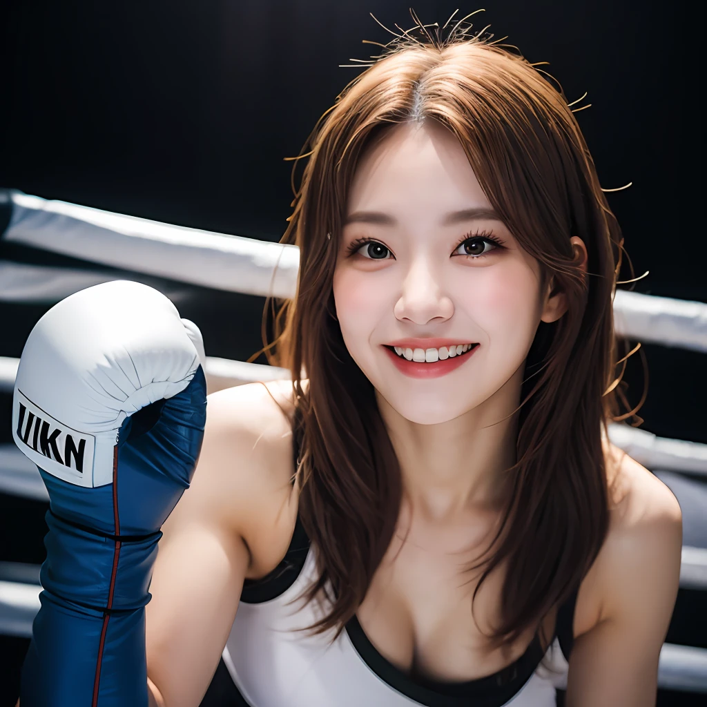 a sserafimsakura, hyper realistic, lifelike texture, dramatic lighting, Nikon RAW photo, 8k, Fujifilm XT3,masterpiece, best quality, realistic, (photorealistic:1.4), ultra detailed, extremely detailed face, solo,1girl, standing, (boxing gloves:1), (boxing ring), (smile:1),
