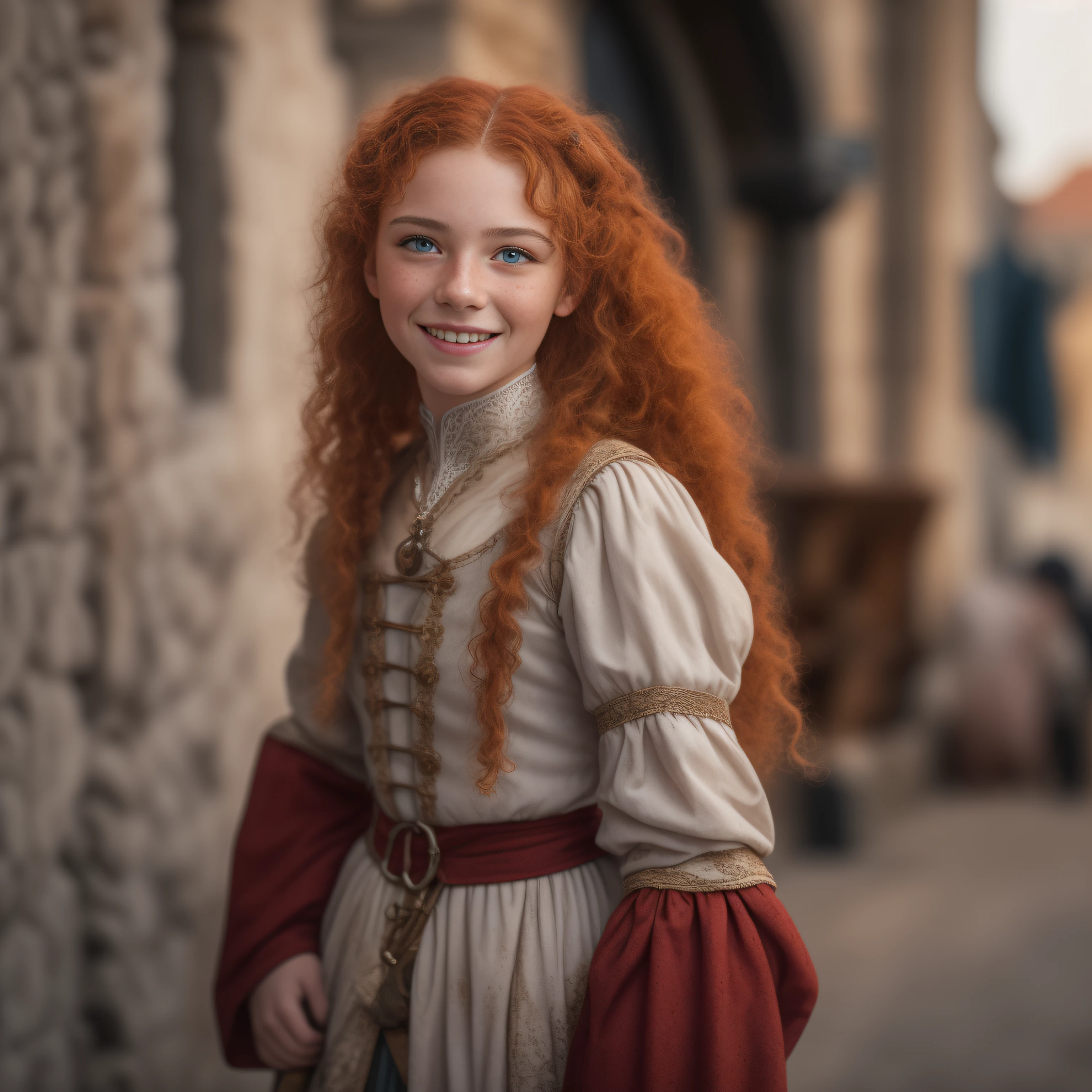 cinematic, photo, head and shoulder portrait photo, 1girl, solo, 13 years old medieval fantasy girl servant, ugly, hideous, curly fuzzy long voluminous red hair, many freckles, medieval fantasy servant clothes, friendly smile, in a big medieval city, Canon EOS 5D Mark IV, historical, fantasy, hyper detailed, accurate textures, realistic, skin pores