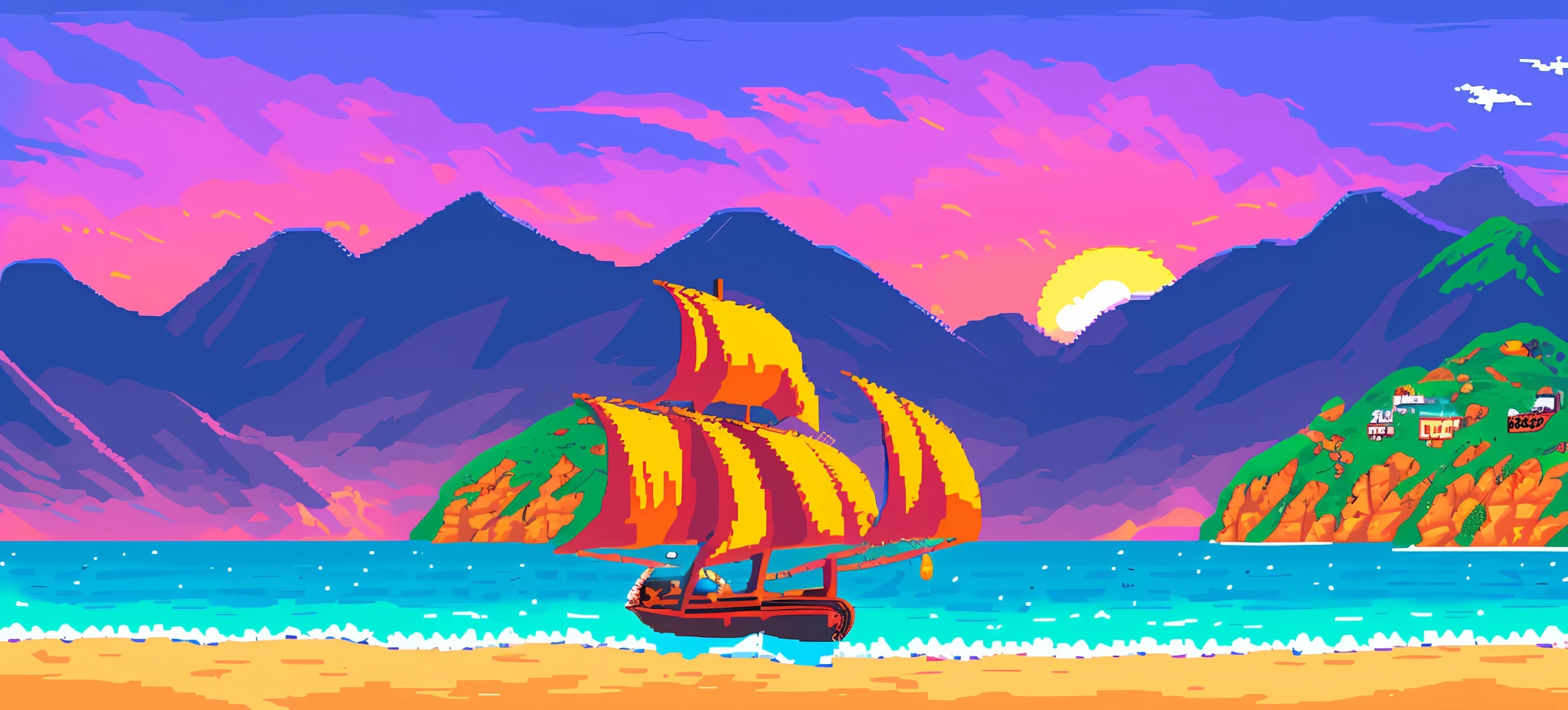 Beautiful seaside，Mountains，A pirate ship，diamonds，Beautiful sherbet sunset，pixelart