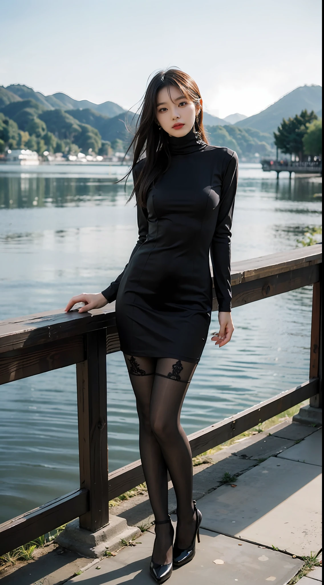 tmasterpiece，8K，best qualtiy，Detailed details，Korean female model in black dress and high heels standing on the beautiful lakeside for a photo, wearing silk stockings，Black 40D pantyhose，Balenciaga stockings, Gorgeous young Korean woman, wearing a tight black dress, beautiful Korean women, revealing stylish dress, Korean girl,gorgeous chinese models, korean women's fashion model, black turtleneck lace dress, Sexy style, very sexy outfit