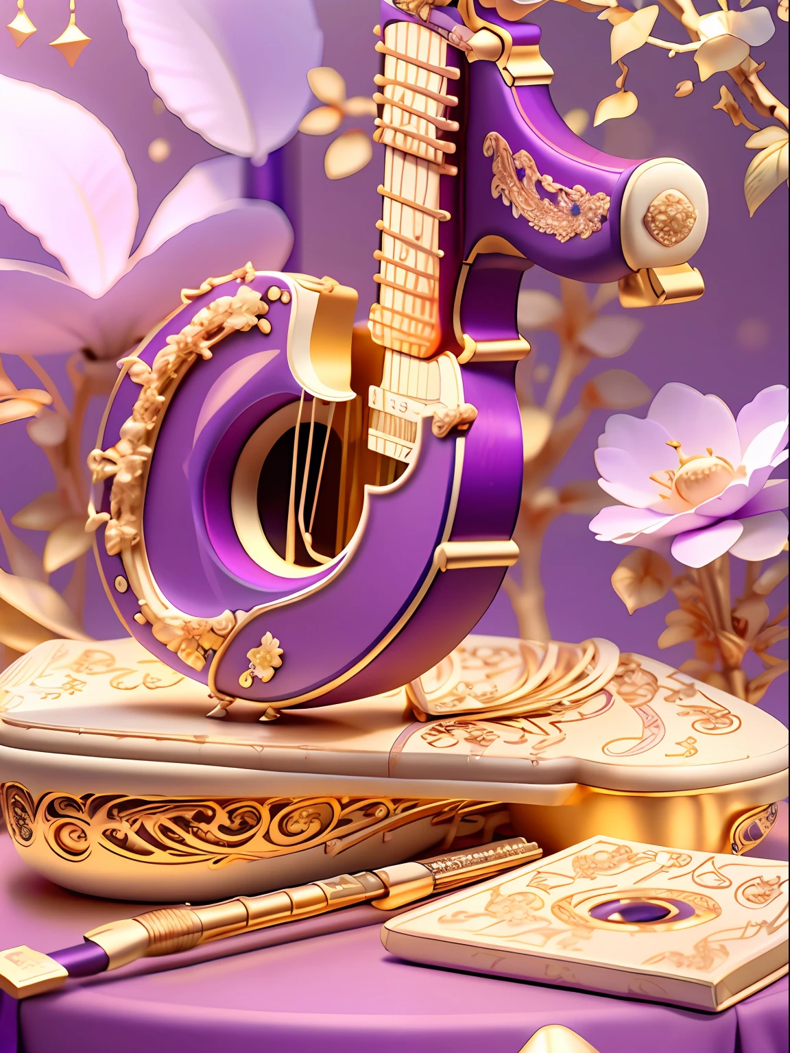 kosmos,Purple white,fond violet,starrysky:2,Golden curves,TikTok symbols(Internal guitar,microphones,Kim Violin,Golden magnolia flowers:2,Golden Bamboo),Gold plastic armor,Funeral style,Xianxia TV series