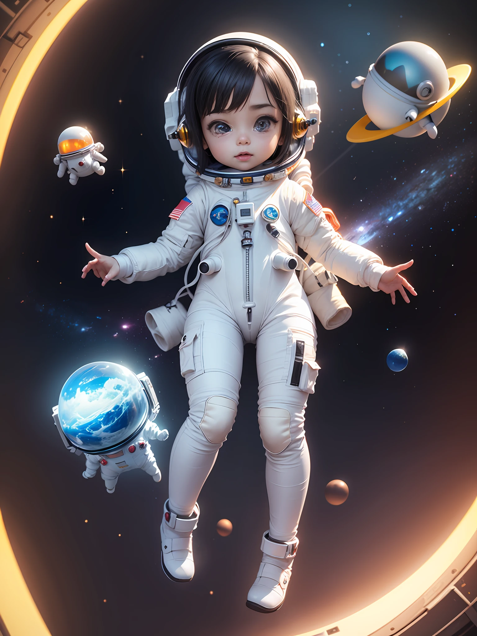 Super cute girl full body 3D drawing, 1pc, good looking eyes, big eyes, cute, happy, c4d, pop matt blind box, glowing bubbles, toys, solid color background, chibi, fluorescent translucency, luminous body, kawaii, doll, (((astronaut, white spacesuit)))), reference sheet, pop mart blind box, Pixar, intricate details, 3d rendering, blender, oc renderer, fol reference body sheet, dribble, High Details, 8K, Studio Lighting, Loli, Petite, Child, Chibi, SD characters: 1.1, Magic Space Background, Flying, Levitating, Black Hair --auto