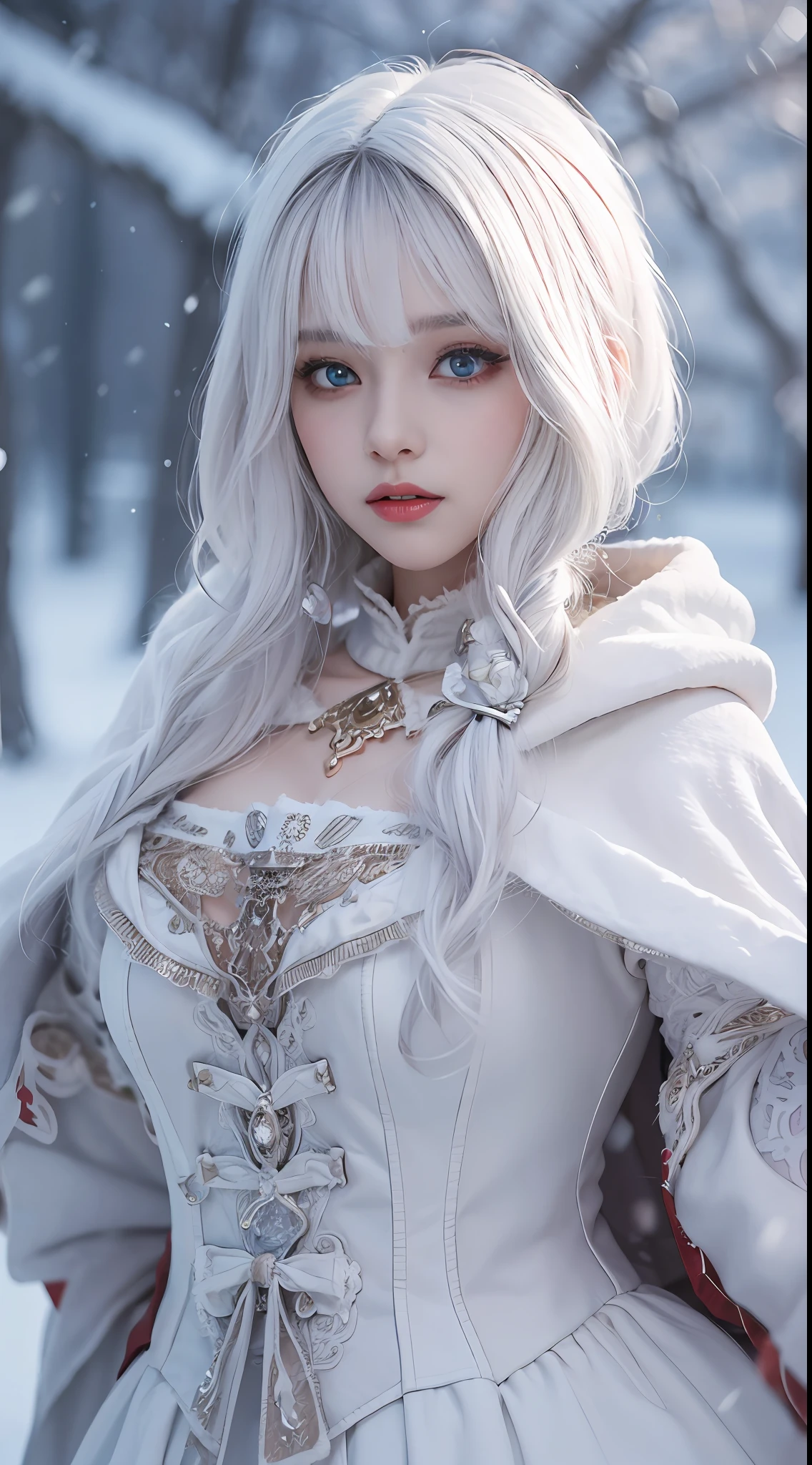 ((best qualtiy)), ((tmasterpiece)), (the detail:1.4), 3D,Ray traching,NVIDIA RTX,Hyper-Resolution, high resolution,(Gorgeous ta costume), Beautiful eyes, White hair, ringed eyes, (Cloak,snowfield,Snow)