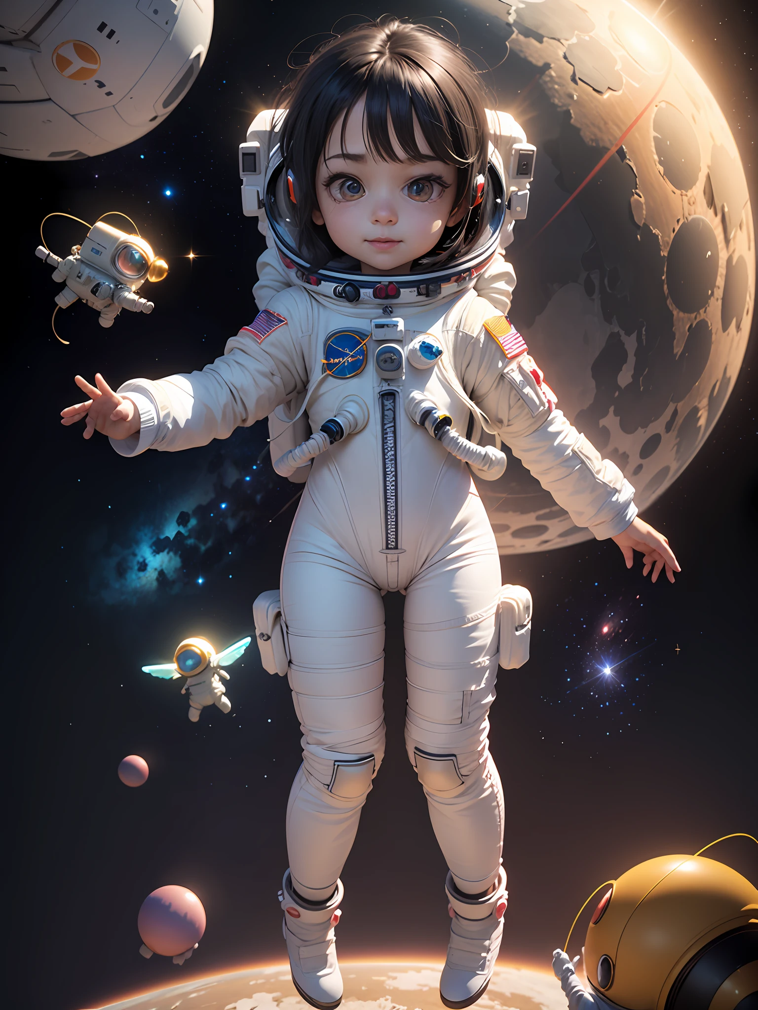 Super cute girl full body 3D drawing, 1pc, good looking eyes, big eyes, cute, happy, c4d, pop matt blind box, glowing bubbles, toys, solid color background, chibi, fluorescent translucency, luminous body, kawaii, doll, (((astronaut, white spacesuit)))), reference sheet, pop mart blind box, Pixar, intricate details, 3d rendering, blender, oc renderer, fol reference body sheet, dribble, High Details, 8K, Studio Lighting, Loli, Petite, Child, Chibi, SD characters: 1.1, Magic Space Background, Flying, Levitating, Black Hair --auto