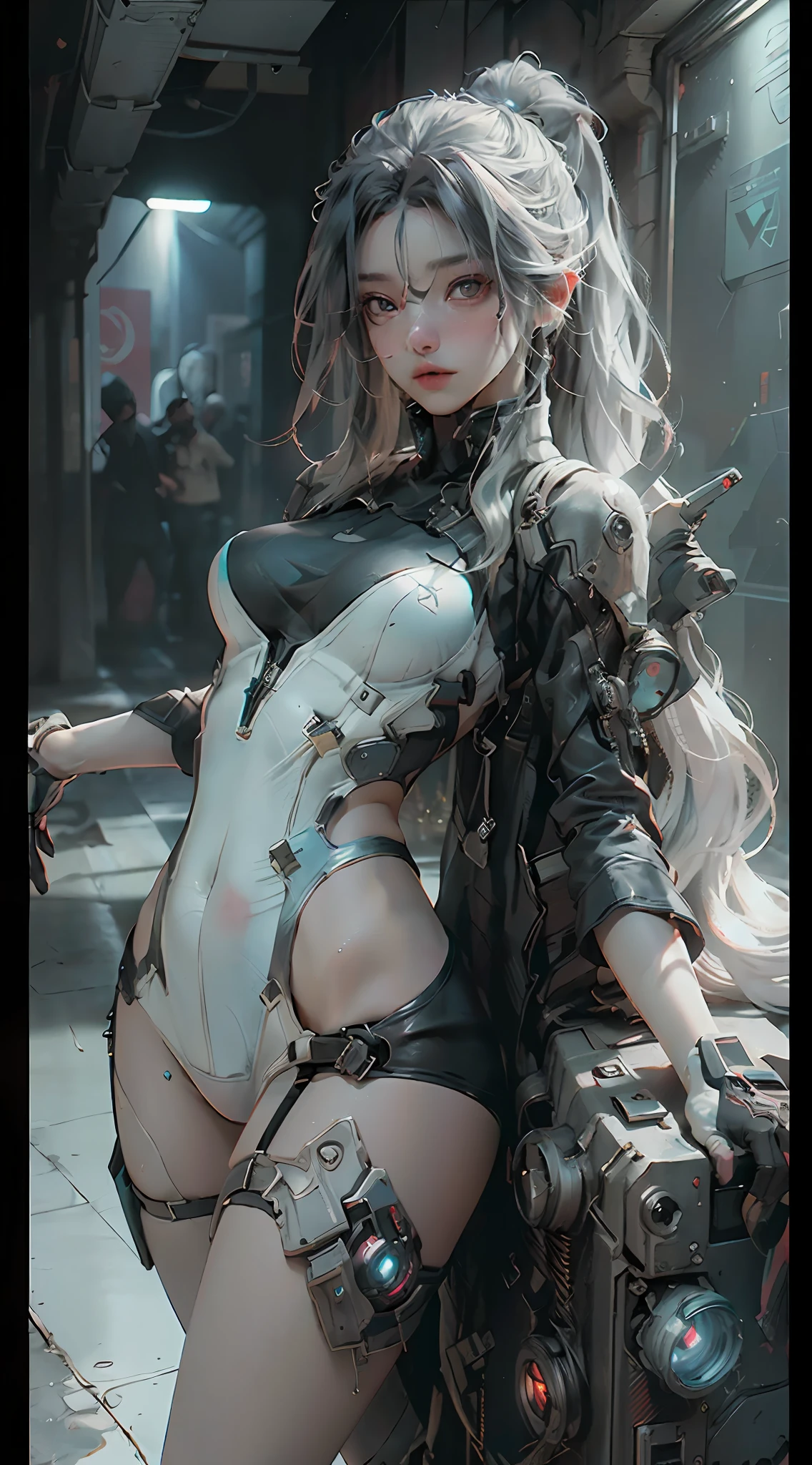 (Best Quality), ((Masterpiece), (Detail: 1.4), 3D, A Beautiful Cyberpunk Woman, HDR (High Dynamic Range), Ray Tracing, NVIDIA RTX, Super-Resolution, Unreal 5, Subsurface Scattering, PBR Textures, Post-Processing, Anisotropic Filtering, Depth of Field, Maximum Sharpness and Clarity, Multi-layer Textures, Albedo and Highlight Maps, Surface Shading, Precise simulation of light-material interactions, perfect proportions, Octane Render, two-color light, large aperture, low ISO, white balance, rule of thirds, 8K RAW, legs open swimsuit