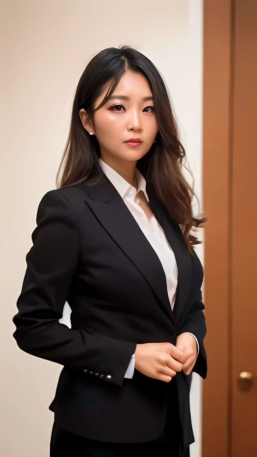 In black suit，White color blouse，Professional Dress，Business people，Chinese women，Middle-aged mature woman，Slightly wrinkled，cabelos preto e longos, Jiang Wenli，Ma Yili，Xu Qing，peacful