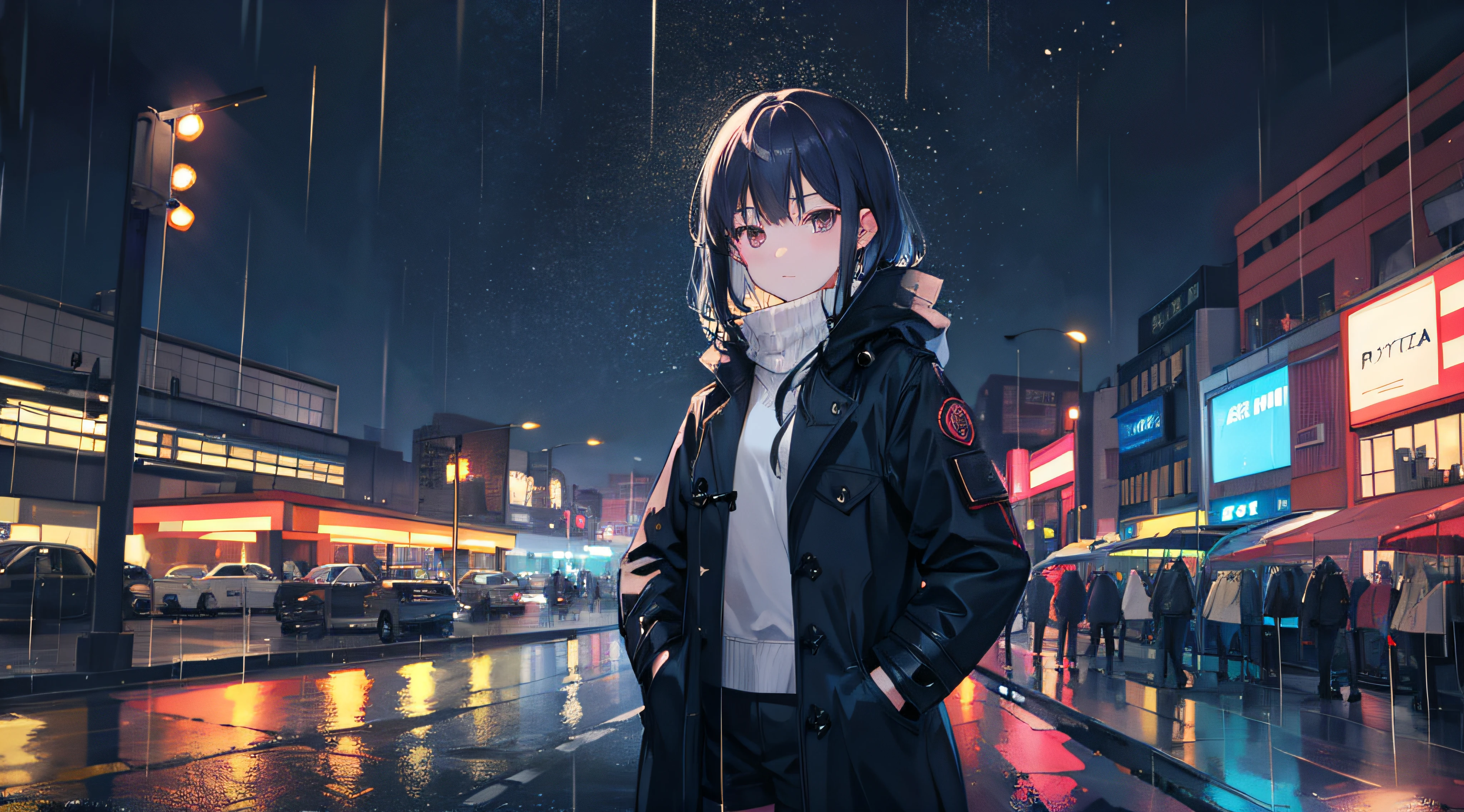 Anime girl standing in the rain in a city at night - SeaArt AI