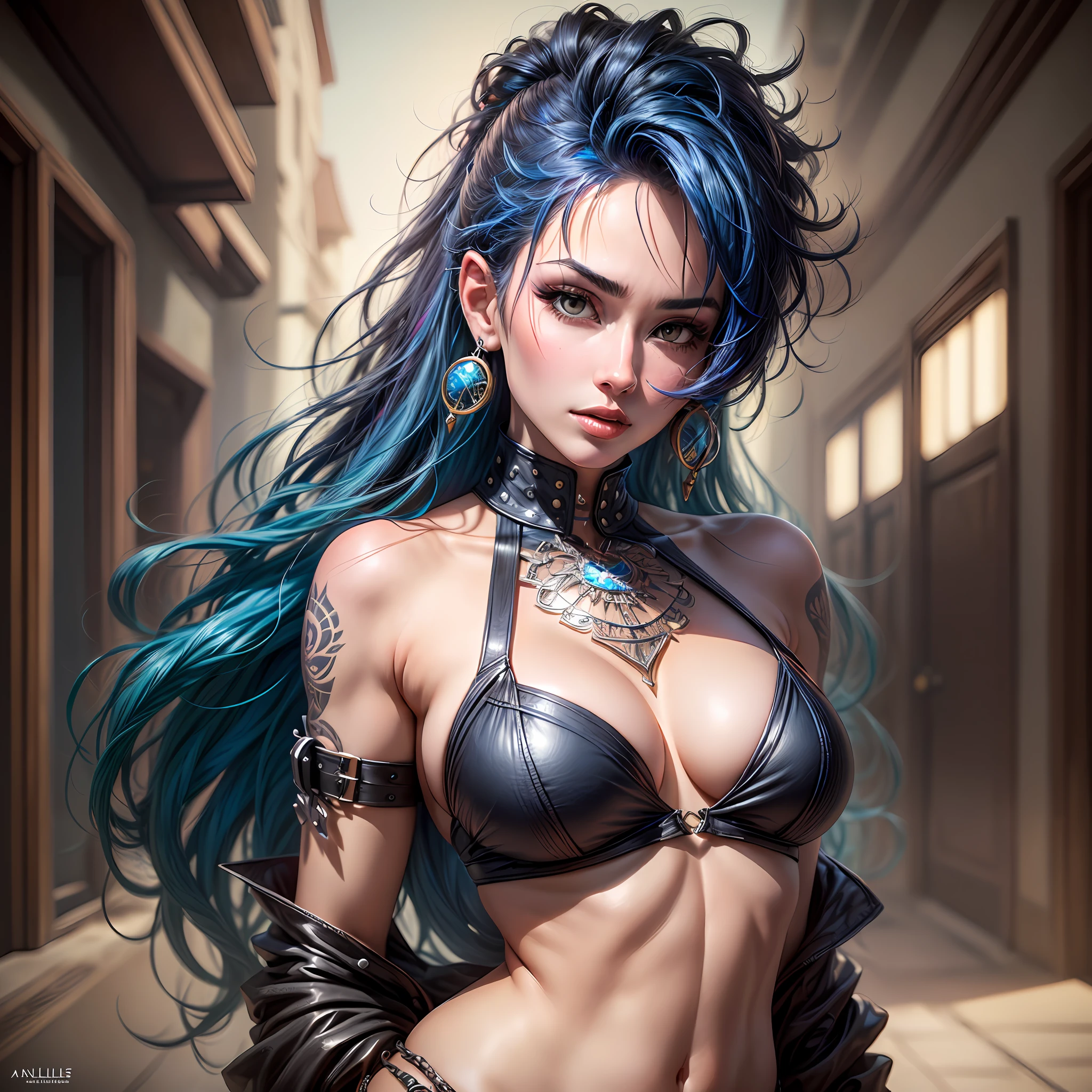 ((masterpiece, best quality)) (Koh_LisaAnn:0.9) with blue disheveled hair and piercings, with a dark and black background, Charlie Bower, stanley artgerm lau, character