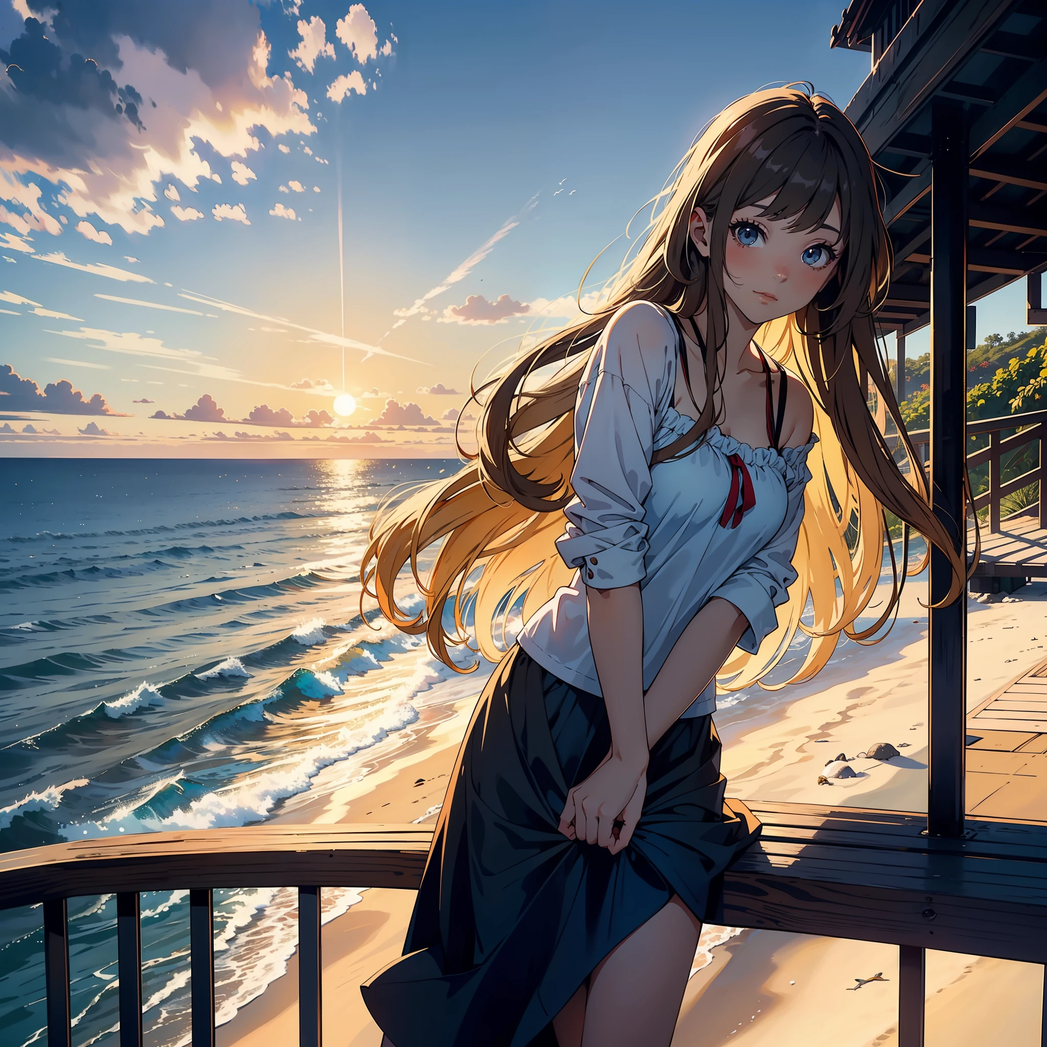 Cute, Young woman, Hold the phone, Stand by the railing of the beach, Bask in the golden hues of the setting sun. Her long hair danced in the breeze,Capture the beauty of the moment. The warm sun illuminates the sea in the distance, Create a mesmerizing scene. The picturesque scenery and her charming presence are combined,Cool down for hot summer days. It became a fascinating vision,Stimulates imagination and wanderlust.