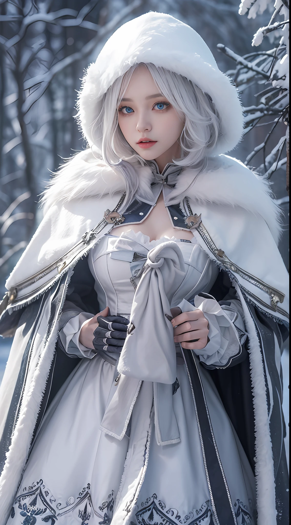 ((best qualtiy)), ((tmasterpiece)), (the detail:1.4), 3D,Ray traching,NVIDIA RTX,Hyper-Resolution, high resolution,(Gorgeous Lolita costume), Beautiful eyes, White hair, ringed eyes,Squat and sit, (Cloak,snowfield,Snow)