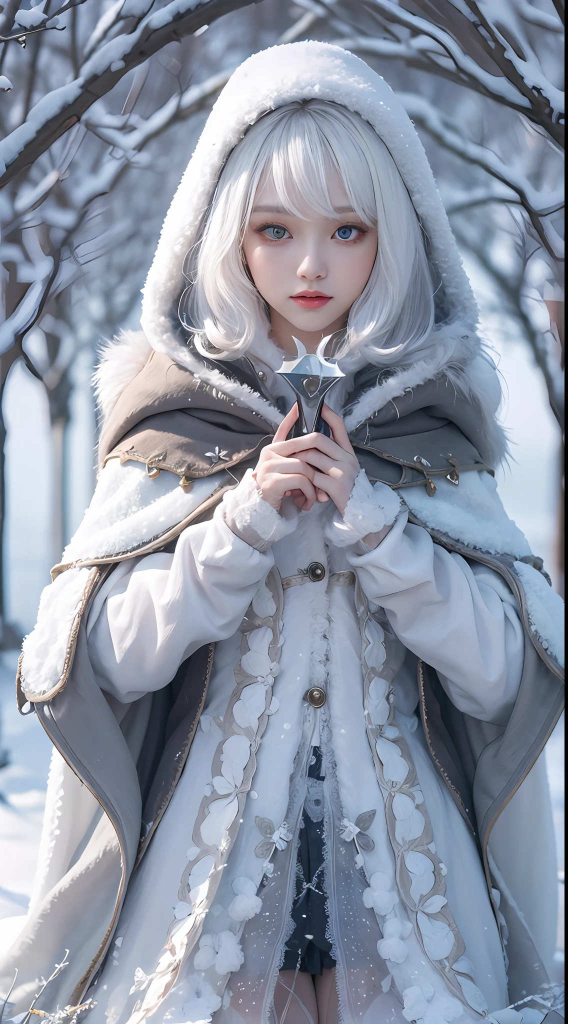 ((best qualtiy)), ((tmasterpiece)), (the detail:1.4), 3D,Ray traching,NVIDIA RTX,Hyper-Resolution, high resolution,(Gorgeous Lolita costume), Beautiful eyes, White hair, ringed eyes,Squat and sit, (Cloak,snowfield,Snow)