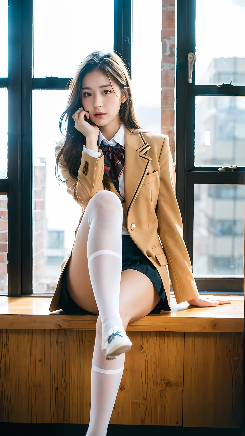 ulzzang-6500-v1.1, (Raw photo:1.2), (Photorealistic:1.4), Beautiful detailed girl, Very detailed eyes and face, Beautiful detailed eyes, Ridiculous, Incredibly ridiculous, Ultra detailed, High resolution, Very detailed, Best quality, Masterpiece, ((Japan girls' high school uniform)), In the classroom, by the window and outside the blue sky, unified, 8k wallpaper, fantastic, fine detail, masterpiece, top quality, highly detailed cg uniform 8k wallpaper,movie lighting, girl, (dynamic pose))), (camel toe), (knee bending leg sitting))