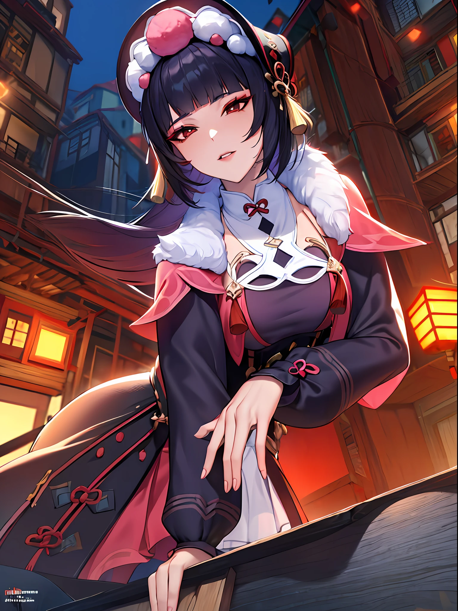 ((masterpiece:1.2)), yunjin(genshin impact), best quality, (pretty face), dramatic lighting,1girl, solo, blunt bangs, hime cut, black corset, black hair, collar, mascara, ((red eyeshadow)), long hair, sidelocks, floating hair, looking at viewer, (makeup), pink capelet, qi lolita, red eyes, puffy long sleeves, bonnet, purple dress, ((large breasts)), (under bust), parted lips, light smile, hand up, index finger raised, long skirt, (purple pantyhose), (wind blowing skirt), anime screencap, (night sky), east asian architecture, Liyue, tassel, black footwear, (half closed eyes), genshin impact, boots, (full body view), ((official art)),