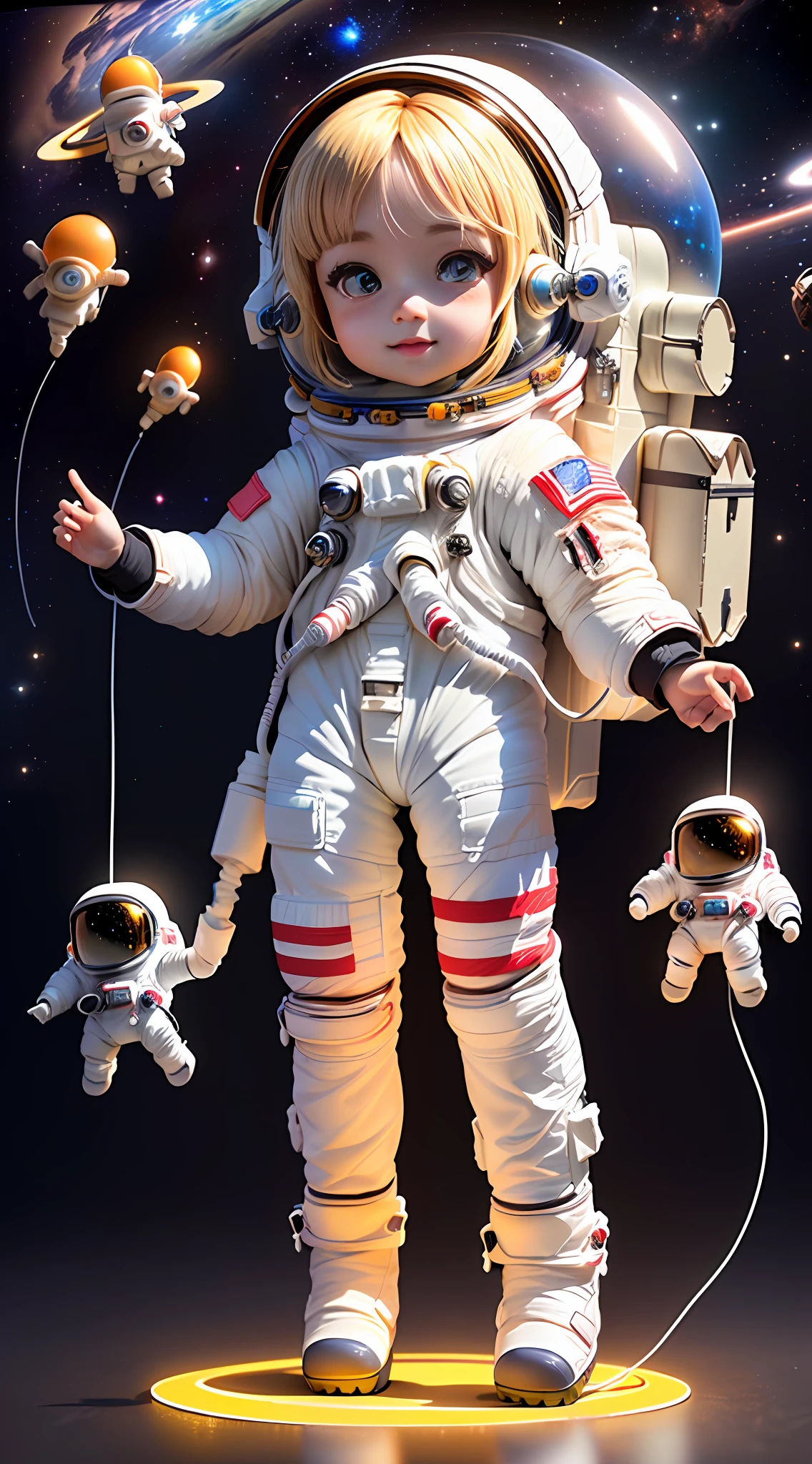 Super cute girl full body 3D picture, 1pc, good looking eyes, big eyes, cute, happy, c4d, pop matt blind box, white long hair, glowing bubbles, toys, solid color background, chibi, fluorescent translucency, luminous body, kawaii, doll, (((astronaut, spacesuit))), reference table, pop mart blind box, Pixar, complex details, 3d rendering, blender, OC renderer, fol body reference sheet, Dribble, High Details, 8K, Studio Lighting, Loli, Petite, Child, Chibi, SD characters: 1.1, Magic Space Warehouse background