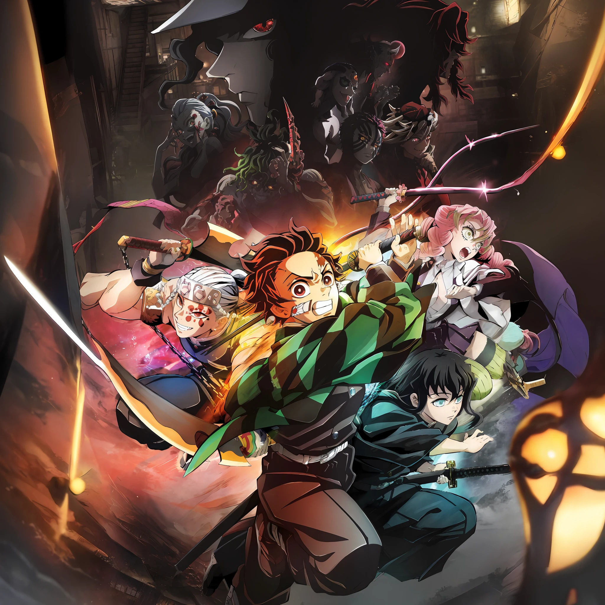 Anime characters are in a group with a sword and a demon, Demon Slayer art style, Kimetsu no yaiba, arte chave do anime, visual chave do anime", arte chave, visual chave, visual oficial do anime key, key art anime sharp focus, Demon Slayer, arte conceitual visual chave do anime de, arte oficial do anime, visual chave anime, Captura de tela de Black Clover