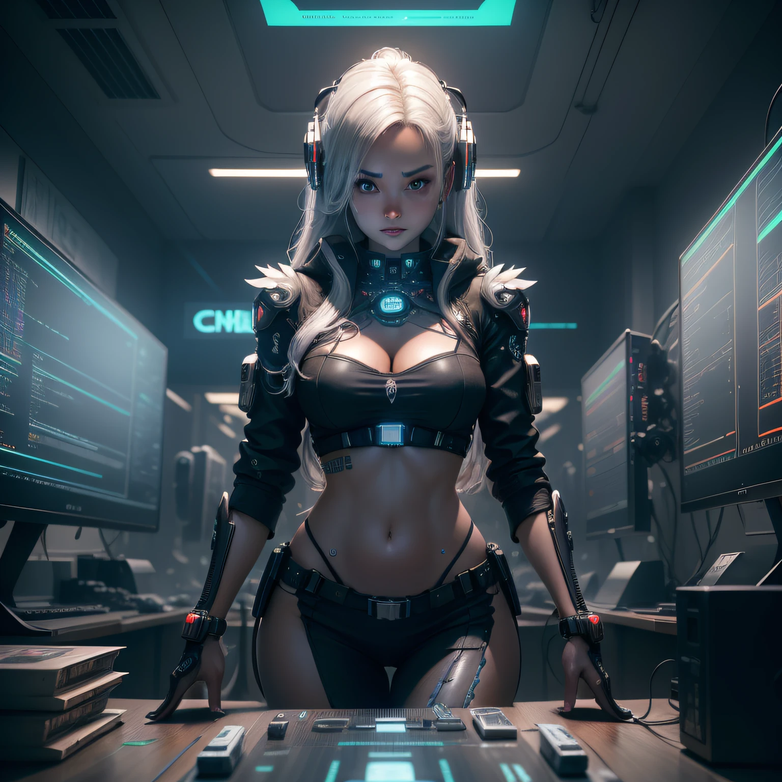 ((Best quality)), ((masterpiece)), (highly detailed:1.3), 3D, beautiful (cyberpunk:1.3) female hacker with thick voluminous hair operating a computer terminal, computer servers, LCD screens, fibre optic cables, corporate logos,HDR (High Dynamic Range),Ray Tracing,NVIDIA RTX,Super-Resolution,Unreal 5,Subsurface scattering,PBR Texturing,Post-processing,Anisotropic Filtering,Depth-of-field,Maximum clarity and sharpness,Multi-layered textures,Albedo and Specular maps,Surface shading,Accurate simulation of light-material interaction,Perfect proportions,Octane Render,Two-tone lighting,Low ISO,White balance,Rule of thirds,Wide aperature,8K RAW,Efficient Sub-Pixel,sub-pixel convolution,luminescent particles,