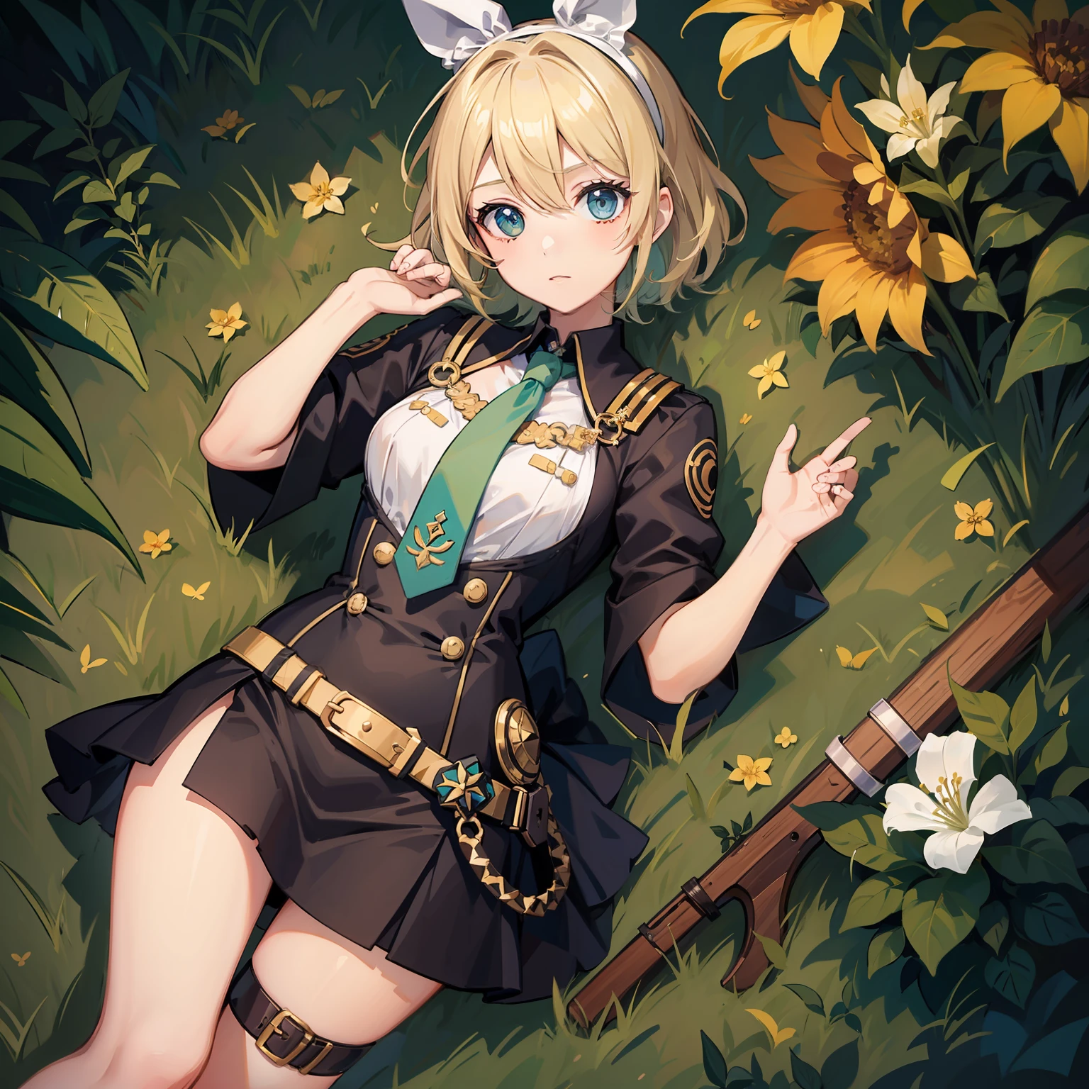 Kagamine Rin con un adorable y fascinante traje inspirado en el Astra Militarum. Wears a unique, feminine version of the combat uniform, con detalles delicados y estilizados que resaltan su encanto. En lugar de colores apagados, su traje presenta tonos suaves y pastel, como un verde menta suave y dorado brillante, que combinan perfectamente con su cabello amarillo.