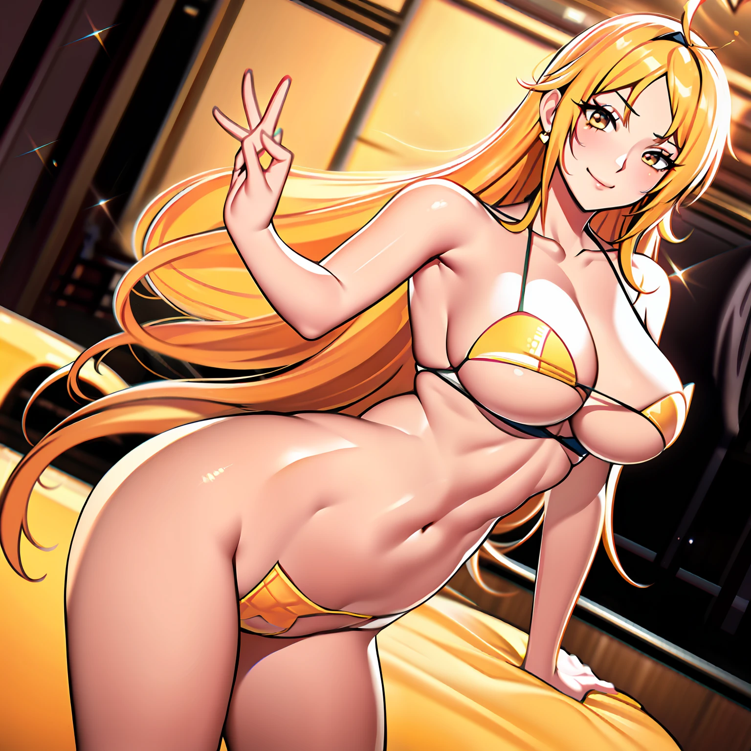 streaked hair, long hair, single braid, heart ahoge, hair bow, forehead mark, bow hairband, mole under eye, wince, sparkling eyes, yellow eyes, earrings, light smile, seductive smile, Surrealism, drop shadow, anaglyph, stereogram, tachi-e, pov, atmospheric perspective, anime, modern, stereogram, scanlines, viewfinder, three sided view, close-up, cowboy shot, Eye-Level Shot, 8k, super detail, ccurate, best quality, masterpiece, high details