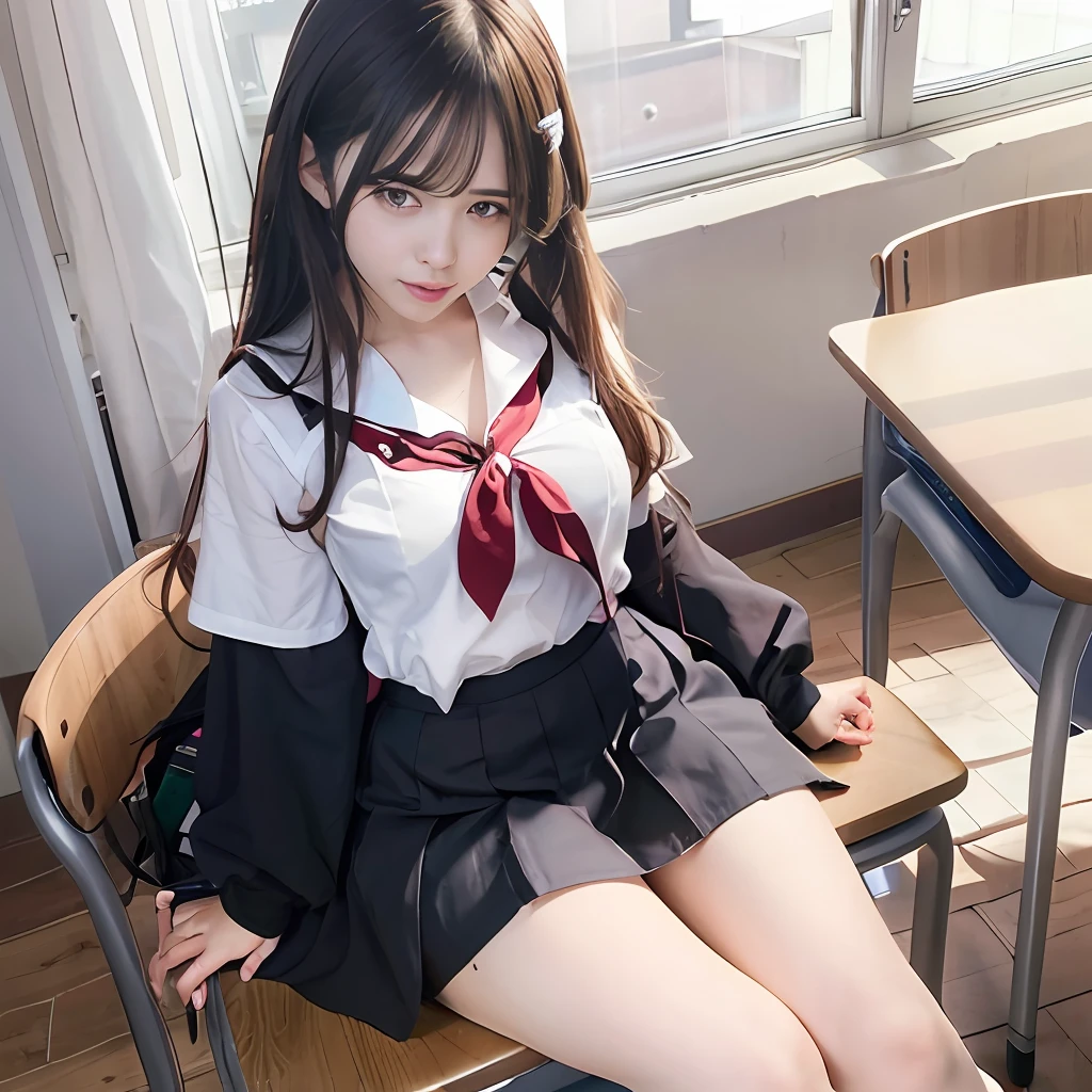 Anime girl sitting on a chair in a classroom with a window, beautiful anime high school girl, Seductive Anime Girl, a hyperrealistic schoolgirl, charming anime girls, a hyperrealistic schoolgirl, Realistic Schoolgirl, Anime Girl, an anime girl, Beautiful anime girl, Anime Best Girl, Cute anime girl, beautiful anime girl squatting, Smooth Anime CG Art, pretty anime girl very large breast V-shaped valley no-bra
