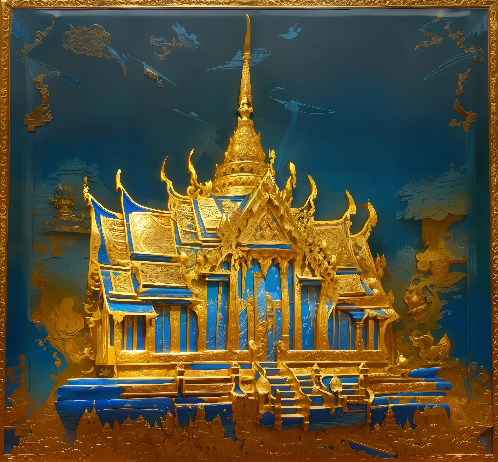 There is a blue book with drawings of ships on it.., etched relief, Very complex intaglio., Very detailed., Unknown Artist, Highly detailed engraving, Embossed carving, Inlaid Gold, Intricate engraving, gravure, Blue wood grain print, Wood cutting, Intricately detailed engraving, Thai art, Unknown Artist, Wooden Block, carving, Part of the screen