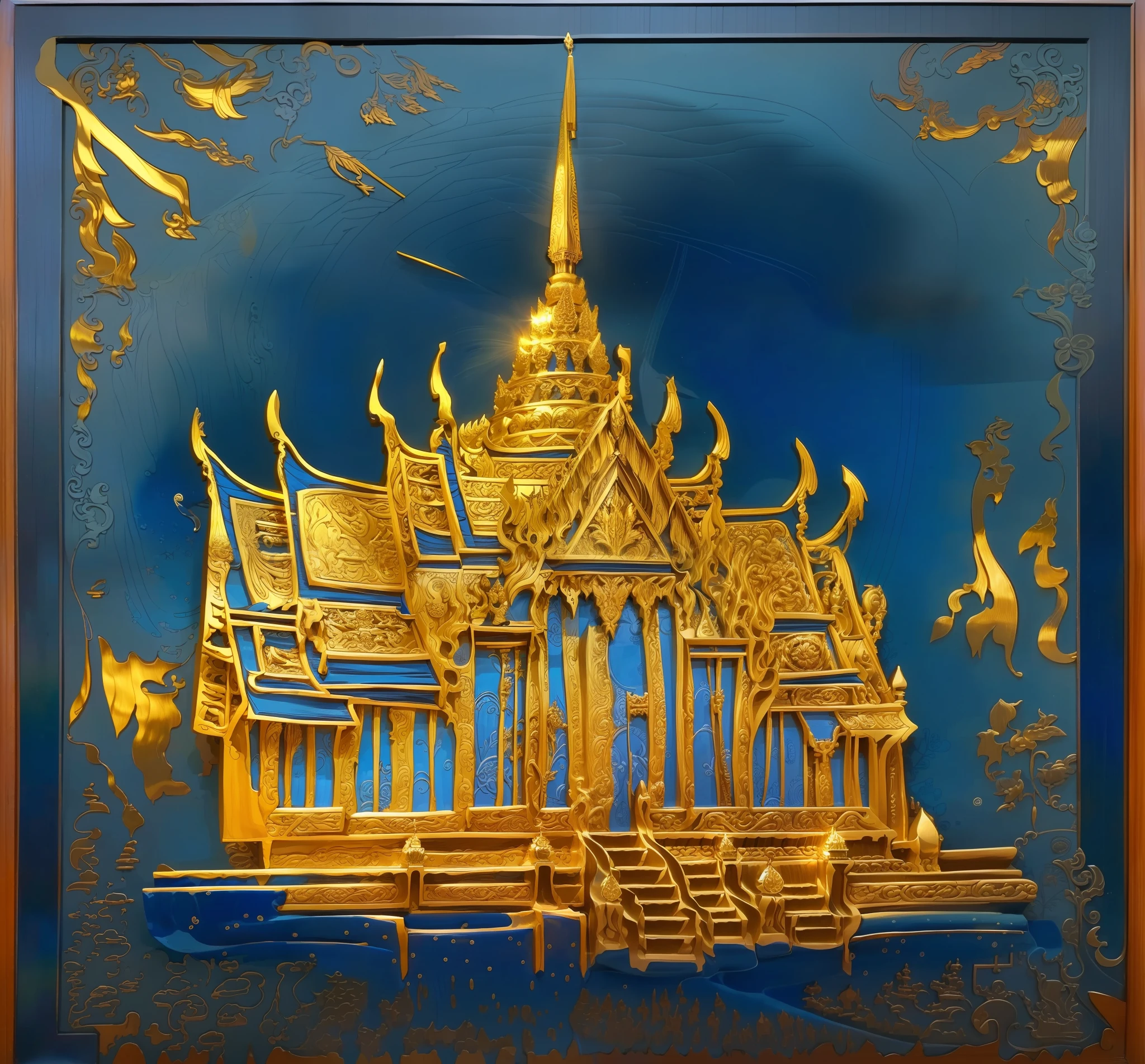 There is a blue book with drawings of ships on it.., etched relief, Very complex intaglio., Very detailed., Unknown Artist, Highly detailed engraving, Embossed carving, Inlaid Gold, Intricate engraving, gravure, Blue wood grain print, Wood cutting, Intricately detailed engraving, Thai art, Unknown Artist, Wooden Block, carving, Part of the screen