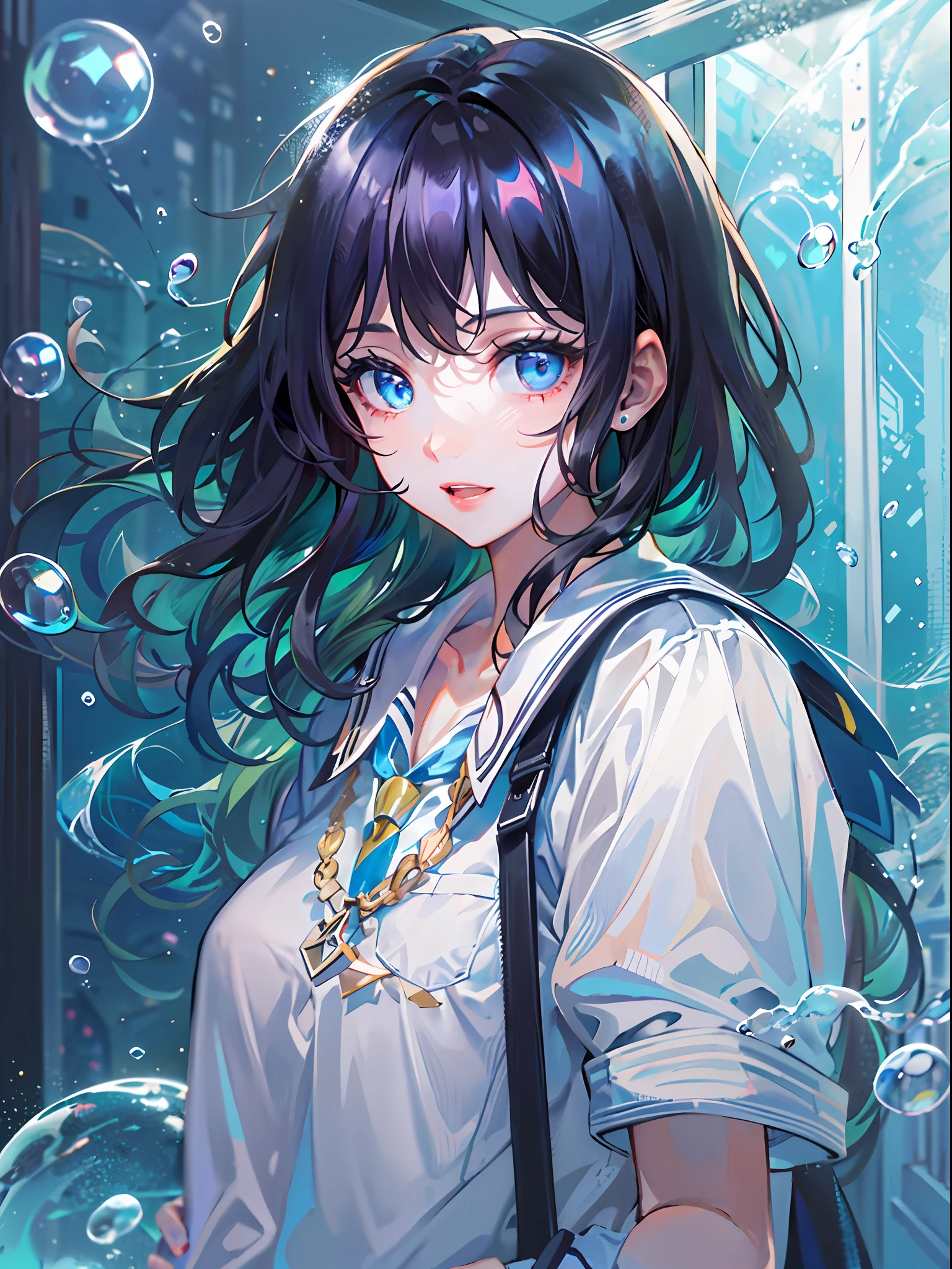 ((top-quality)), ((masterpiece)), ((ultra-detailliert)), (extremely delicate and beautiful), girl with, 独奏, cold attitude,((Black jacket)),She is very(relax)with the(Settled down)Looks,A dark-haired, depth of fields,evil smile,Bubble, under the water, Air bubble,bright light blue eyes,Inner color with black hair and light blue tips,Cold background,Bob Hair - Linear Art, shortpants、knee high socks、White uniform like school uniform、Bright light blue ribbon tie、Clothes are sheer、Hands in pockets