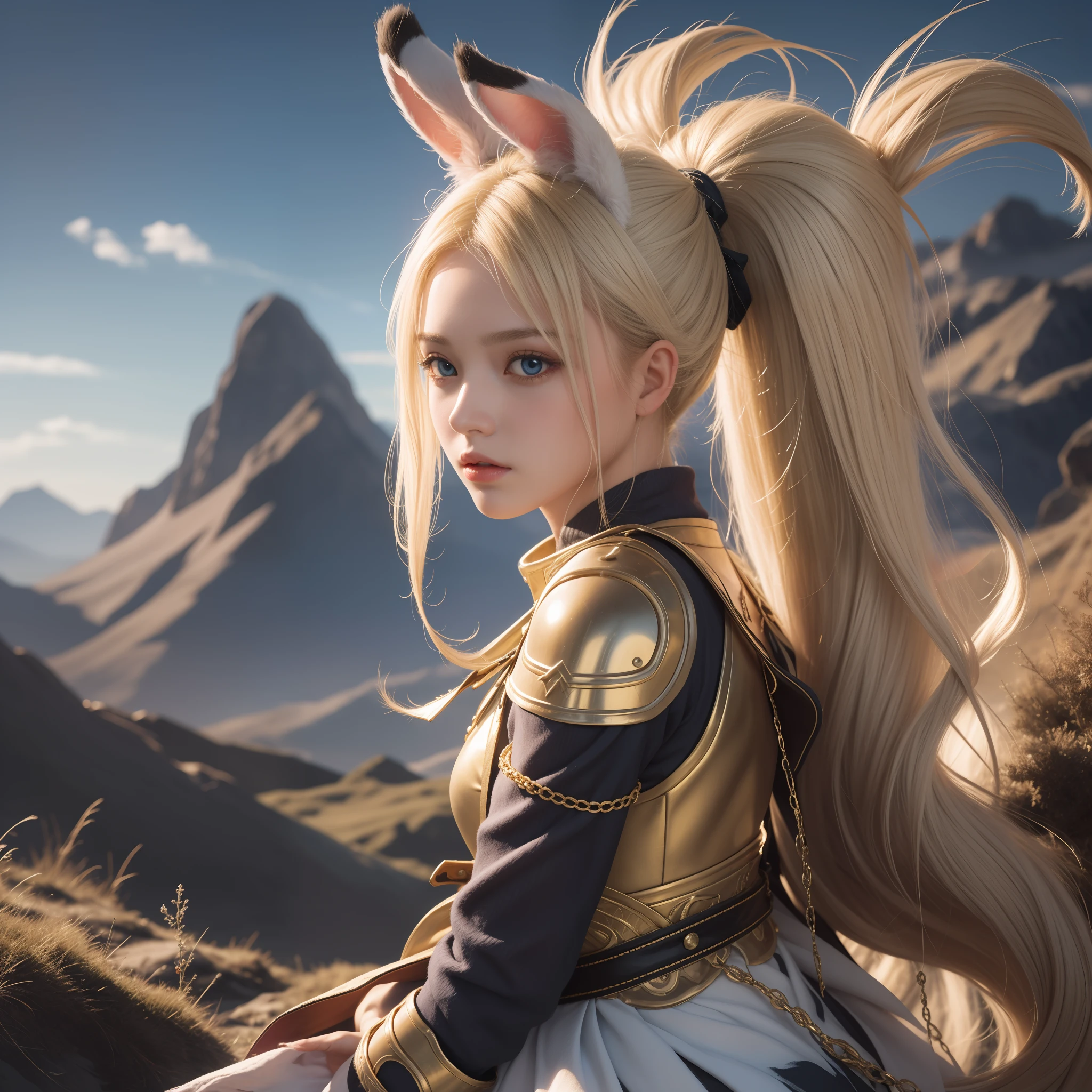 (masterpiece, best quality:1.4), extremely detailed, absurdres, highres,1girl,rabbit furry,fur skin,rabbit ears,rabbit tail,dynamic pose,perfect face,white and yellow gradient hair, ponytail hair,(jitome:1.5),tareme,rainbow eyes, glowing eyes,beautiful eyes,White and gold armor,sword,with raised arm, BREAK, with vibrant colors,kind atmosphere,sunlight,warm light rays,shadows, ray tracing, BREAK, (super fine illustration),(highly detailed,highly detailed background),(sense of depth), BREAK, fantasy,Tall mountain backdrop, slopes divided, tonality varied,Small forest at mountain's base,left-positioned,Distant city skyline,BREAK, looking at viewer, from front,