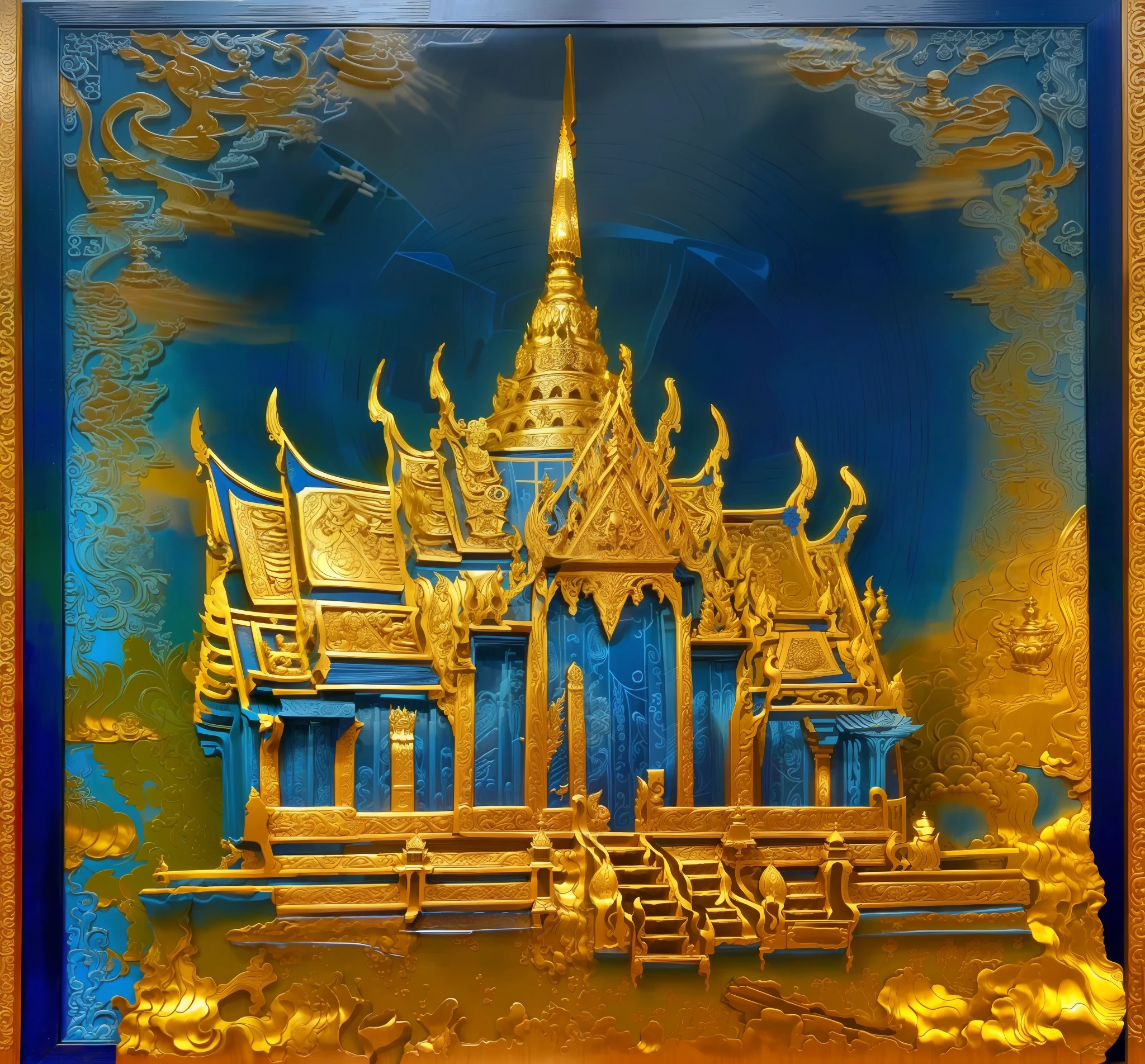 There is a blue book with drawings of ships on it.., etched relief, Very complex intaglio., Very detailed., Unknown Artist, Highly detailed engraving, Embossed carving, Inlaid Gold, Intricate engraving, gravure, Blue wood grain print, Wood cutting, Intricately detailed engraving, Thai art, Unknown Artist, Wooden Block, carving, Part of the screen