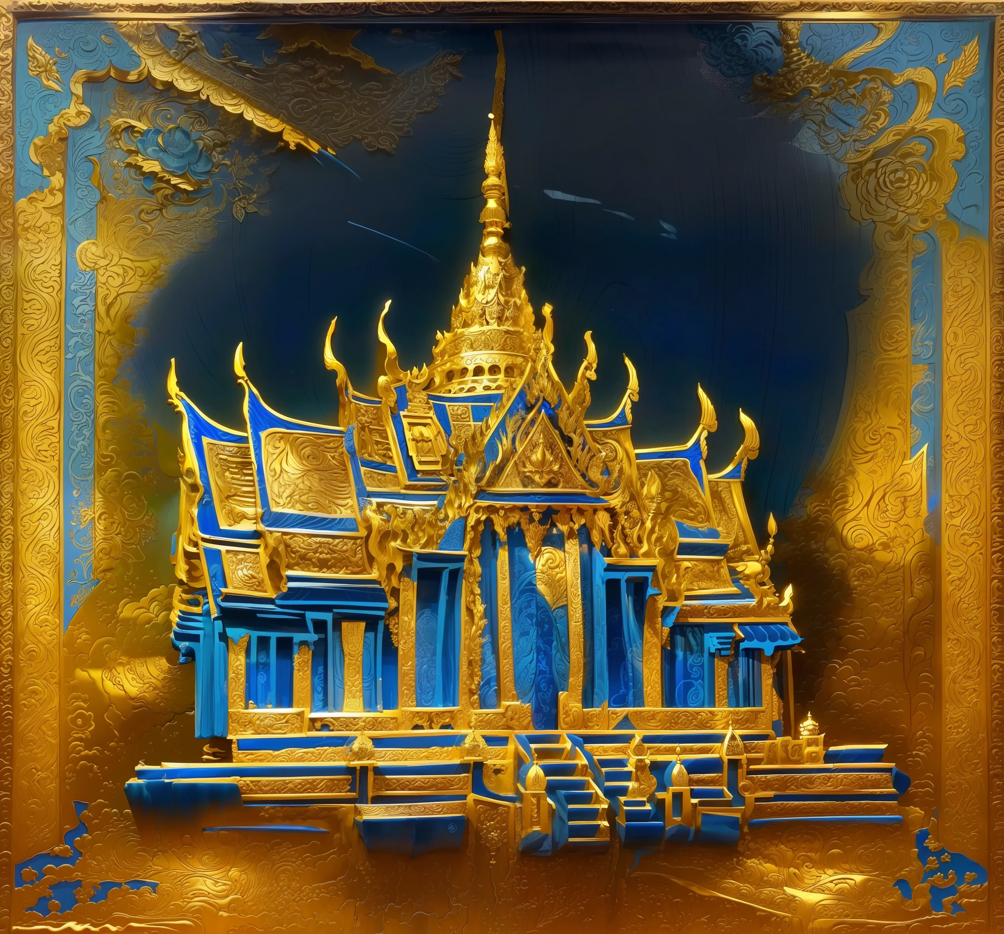 There is a blue book with drawings of ships on it.., etched relief, Very complex intaglio., Very detailed., Unknown Artist, Highly detailed engraving, Embossed carving, Inlaid Gold, Intricate engraving, gravure, Blue wood grain print, Wood cutting, Intricately detailed engraving, Thai art, Unknown Artist, Wooden Block, carving, Part of the screen