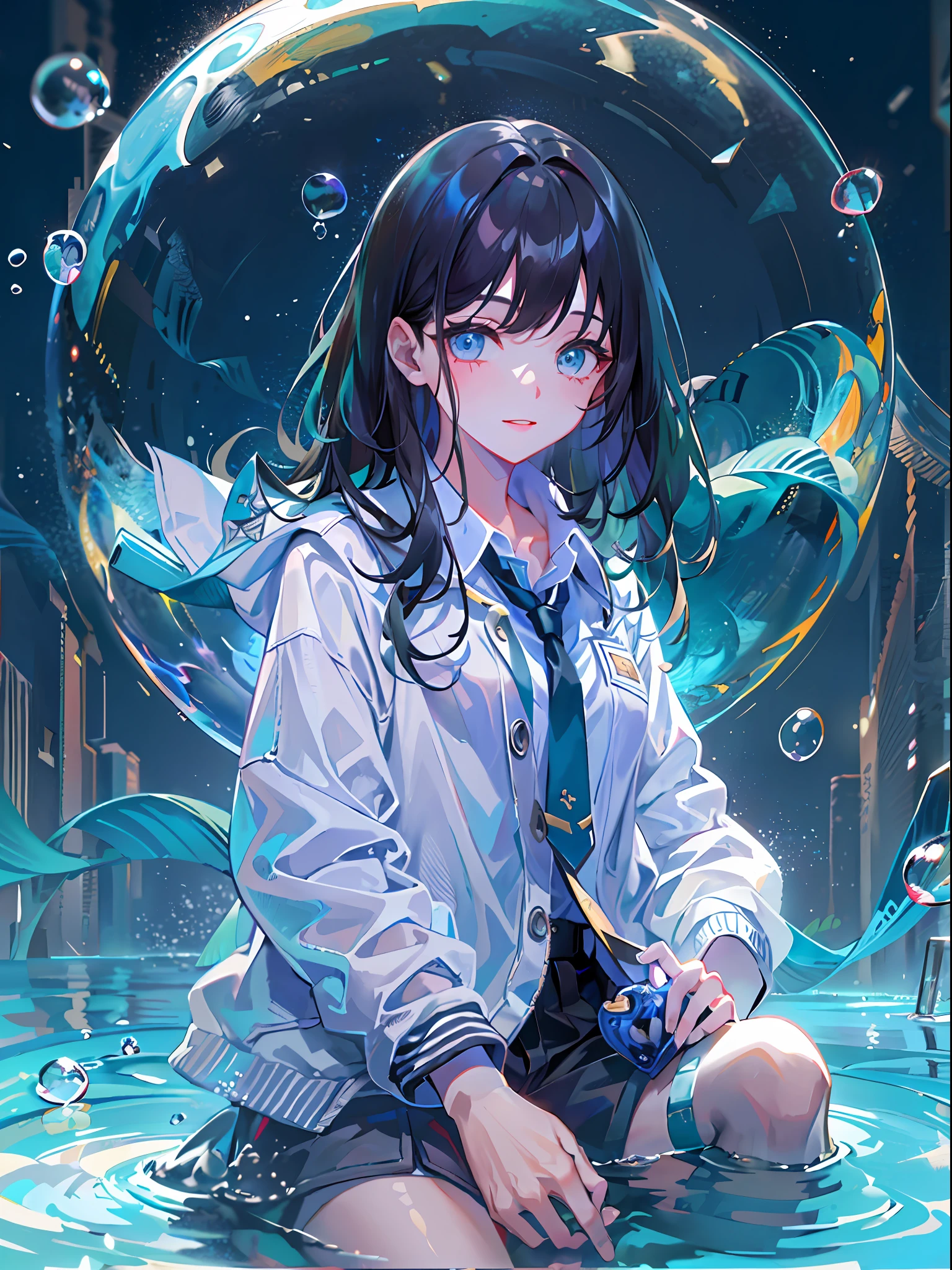 ((top-quality)), ((masterpiece)), ((ultra-detailliert)), (extremely delicate and beautiful), girl with, 独奏, cold attitude,((Black jacket)),She is very(relax)with the(Settled down)Looks,A dark-haired, depth of fields,evil smile,Bubble, under the water, Air bubble,bright light blue eyes,Inner color with black hair and light blue tips,Cold background,Bob Hair - Linear Art, shortpants、knee high socks、White uniform like school uniform、Bright light blue ribbon tie、Clothes are sheer、Hands in pockets