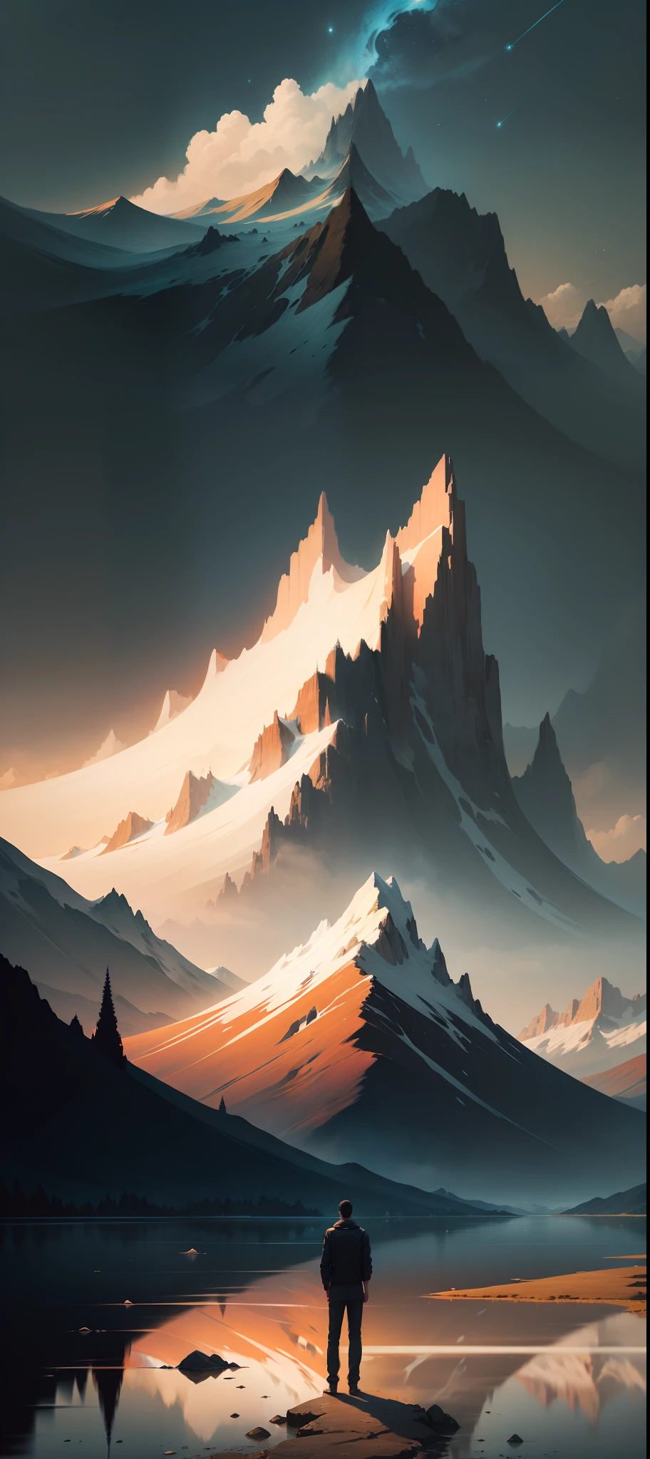 a painting of a person standing in the middle of a lake with mountains in the background by Christopher Balaskas