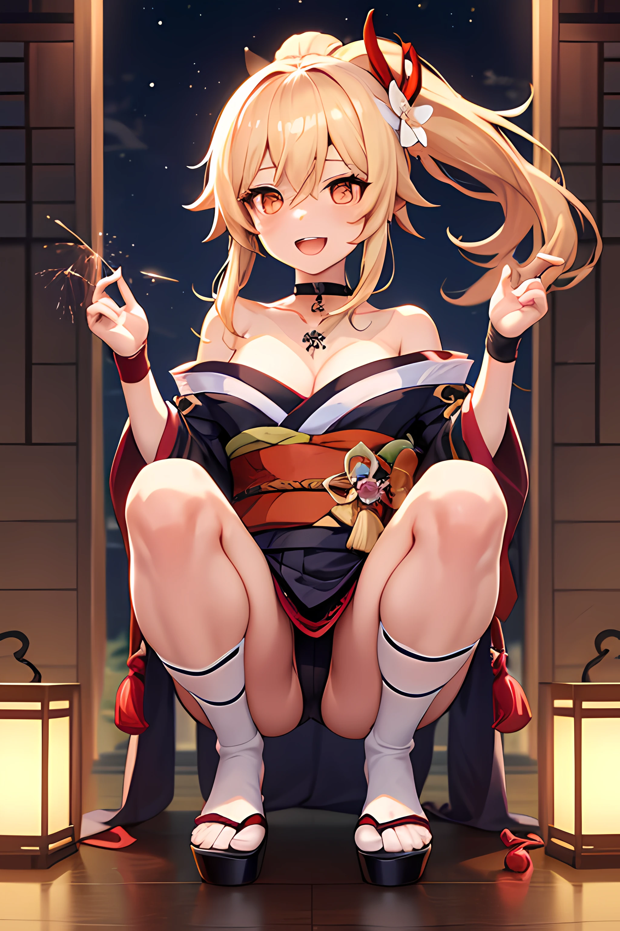 masterpiece, best quality, highres, 1girl, blonde hair, medium hair, asymmetrical hair, floating hair, hair between eyes, high ponytail, sidelocks, hair ornament, fish hair ornament, tassel, kanzashi, bangs, orange eyes, open mouth, smile, teeth, upper teeth only, choker, red choker, pendant choker, butterfly choker, collarbone, tattoo, chest tattoo, flower tattoo, cleavage, medium breasts, thighs, bandages, bandaged leg, sarashi, budget sarashi, chest sarashi, black sash, hadanugi dousa, houkisei, japanese clothes, kimono, kinchaku, obi, obiage, obijime, orange kimono, pouch, print kimono, rope, sash, shimenawa, short kimono, single bare shoulder, vision (genshin impact), east asian architecture, cherry blossoms, full body, squatting, sparkler, night, firework, holding firework, legs together, feet, single glove, single fingerless glove, wristband, black socks,