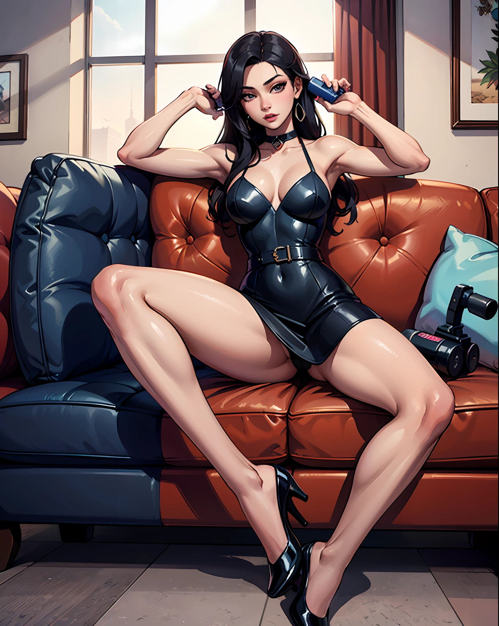 three women sitting on a couch with one holding a hair dryer, trending at cgstation, with black, posing together in short dress, sakimichan, jaeyeon nam, sexy pose, beautiful girls, 4k), 4k], 4 k ), 4 k ], asian women, perfume, cute girls, korean girl, high quality upload, instagram model, korean idol