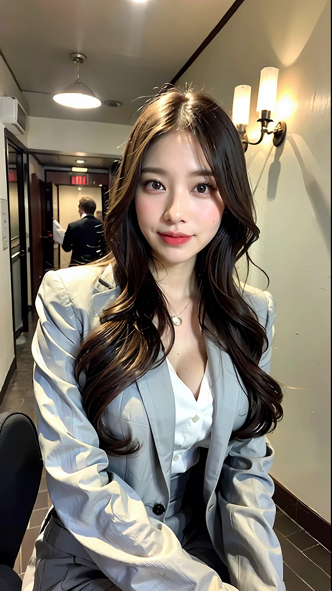 (top-quality、8K、32K、​masterpiece、nffsw:1.2)、Cute Japan pictures of married girls、A smile、beauitful face、(Slouched:1.3)、crouching down、(From  above:1.2)、(a closeup:1.4)、POV、large full breasts、(beautiful nipple slips:0.9)、Hotel room、the wind、shinny skin、blurry backround、(Front Focus)、(Dark: 1.6)、Hyperrealist female portrait by David Hockney and Alphonse Mucha、Fantasy Art、photoRealstic、Dynamic lighting、art  stations、poster for、Volume Lighting、extra detailed face、4 k、Award-winning、deep-shadows、lowkey、(formal clothes:1.4)、long、