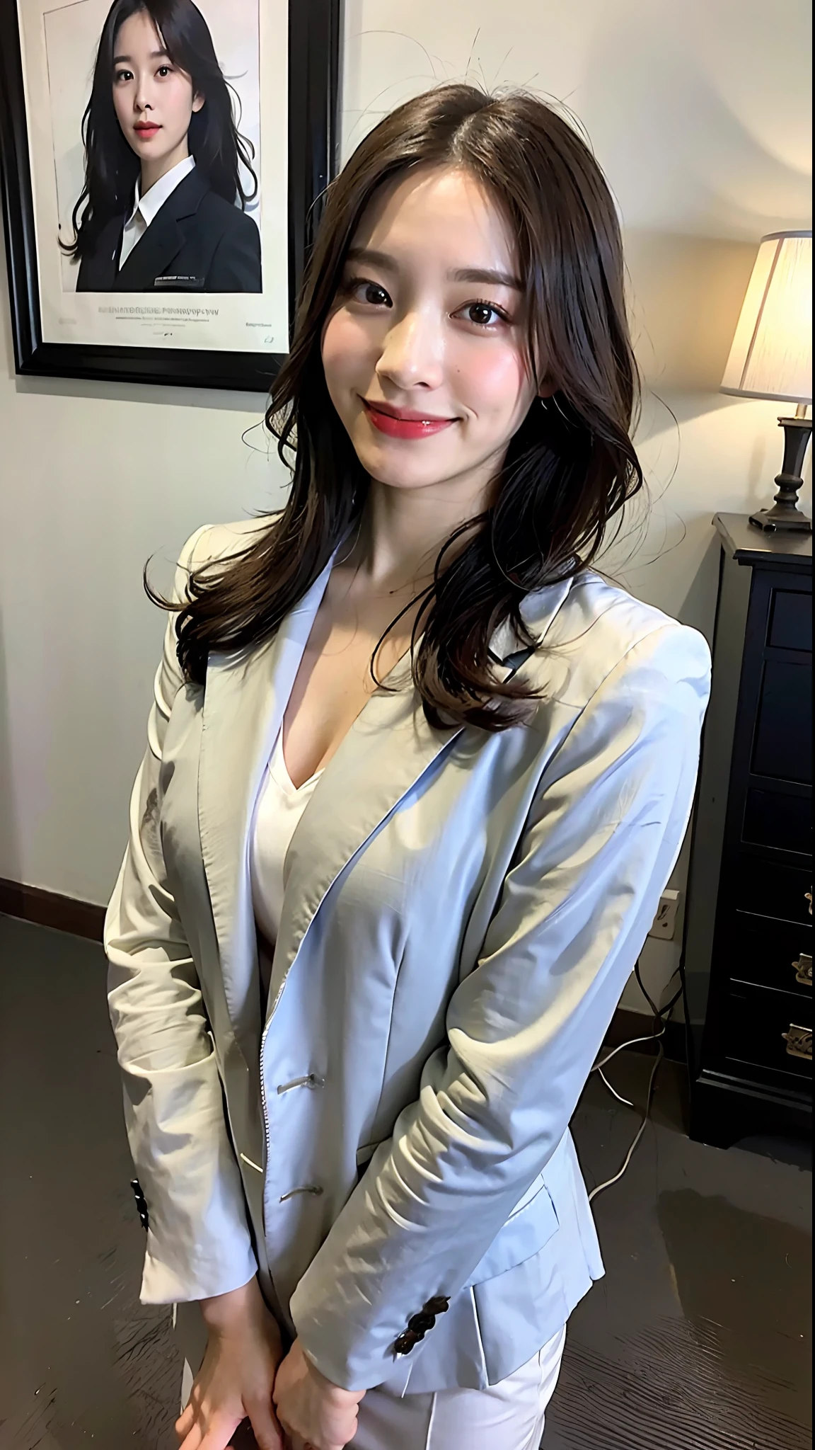 (top-quality、8K、32K、masterpiece、nffsw:1.2)、Cute Japan pictures of married girls、A smile、beauitful face、(Slouched:1.3)、crouching down、(From above:1.2)、(a closeup:1.4)、POV、large full breasts、(beautiful nipple slips:0.9)、Hotel room、the wind、shinny skin、blurry backround、(Front Focus)、(Dark: 1.6)、Hyperrealist female portrait by David Hockney and Alphonse Mucha、Fantasy Art、photoRealstic、Dynamic lighting、art stations、poster for、Volume Lighting、extra detailed face、4 k、Award-winning、deep-shadows、lowkey、(formal clothes:1.4)、long、