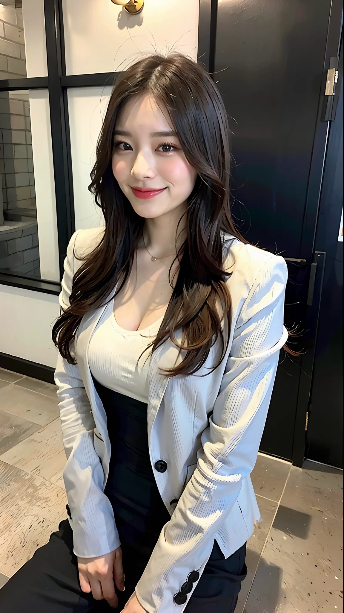 (top-quality、8K、32K、​masterpiece、nffsw:1.2)、Cute Japan pictures of married girls、A smile、beauitful face、(Slouched:1.3)、crouching down、(From  above:1.2)、(a closeup:1.4)、POV、large full breasts、(beautiful nipple slips:0.9)、Hotel room、the wind、shinny skin、blurry backround、(Front Focus)、(Dark: 1.6)、Hyperrealist female portrait by David Hockney and Alphonse Mucha、Fantasy Art、photoRealstic、Dynamic lighting、art  stations、poster for、Volume Lighting、extra detailed face、4 k、Award-winning、deep-shadows、lowkey、(formal clothes:1.4)、long、