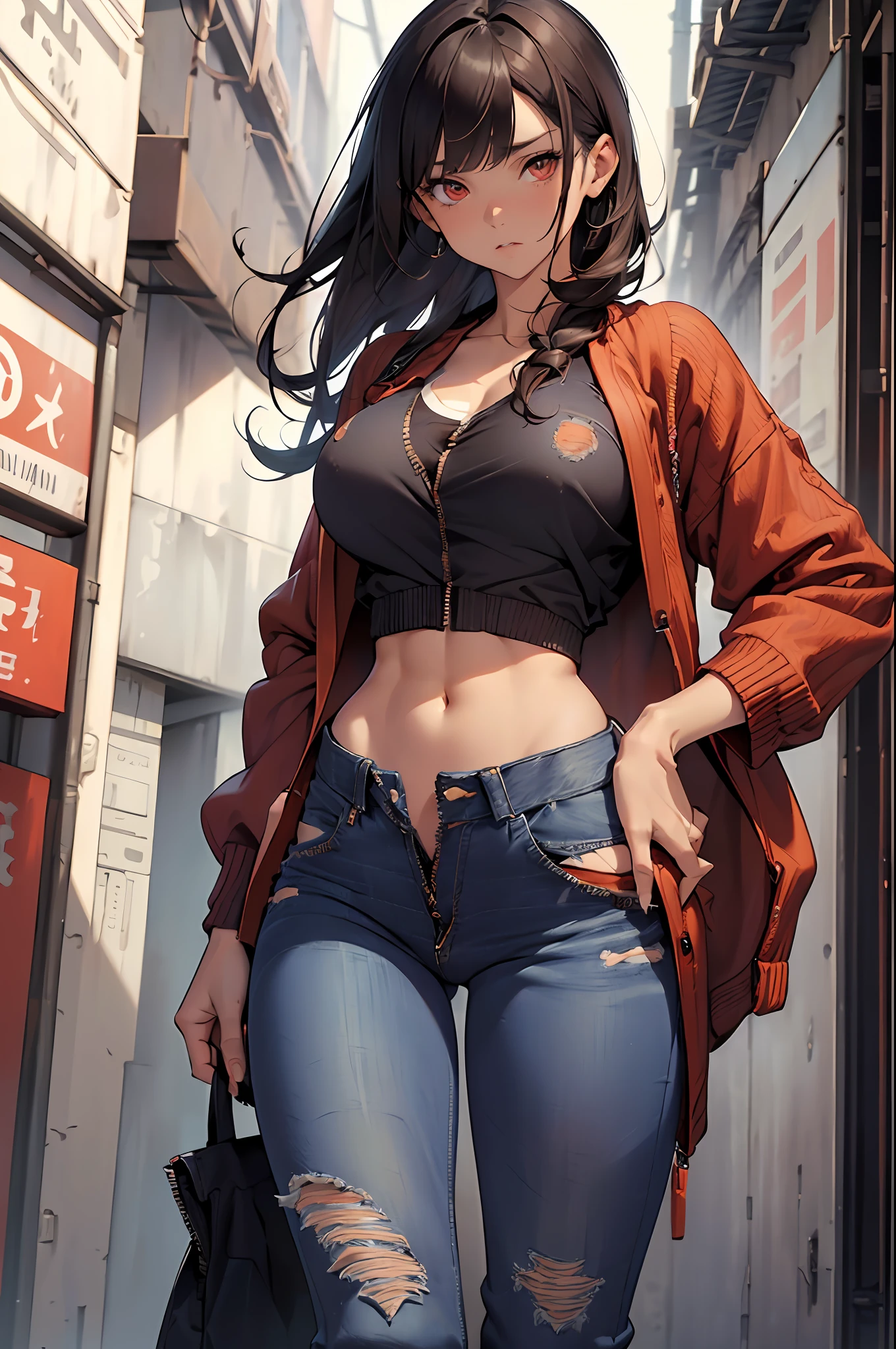 dedicate and beautiful girl,mature female,brown hair,bangs,choke,Long flowing hair,red eyes,((open cardigan)),partially bare breasts,sagging breasts,large breasts,breasts apart,Crop top,leverage,(low-rise jeans:1.4),(open jeans,totally unzipped jeans:1.4),(heavy pubic hair:1.4),hands in pockets,Half-off pants