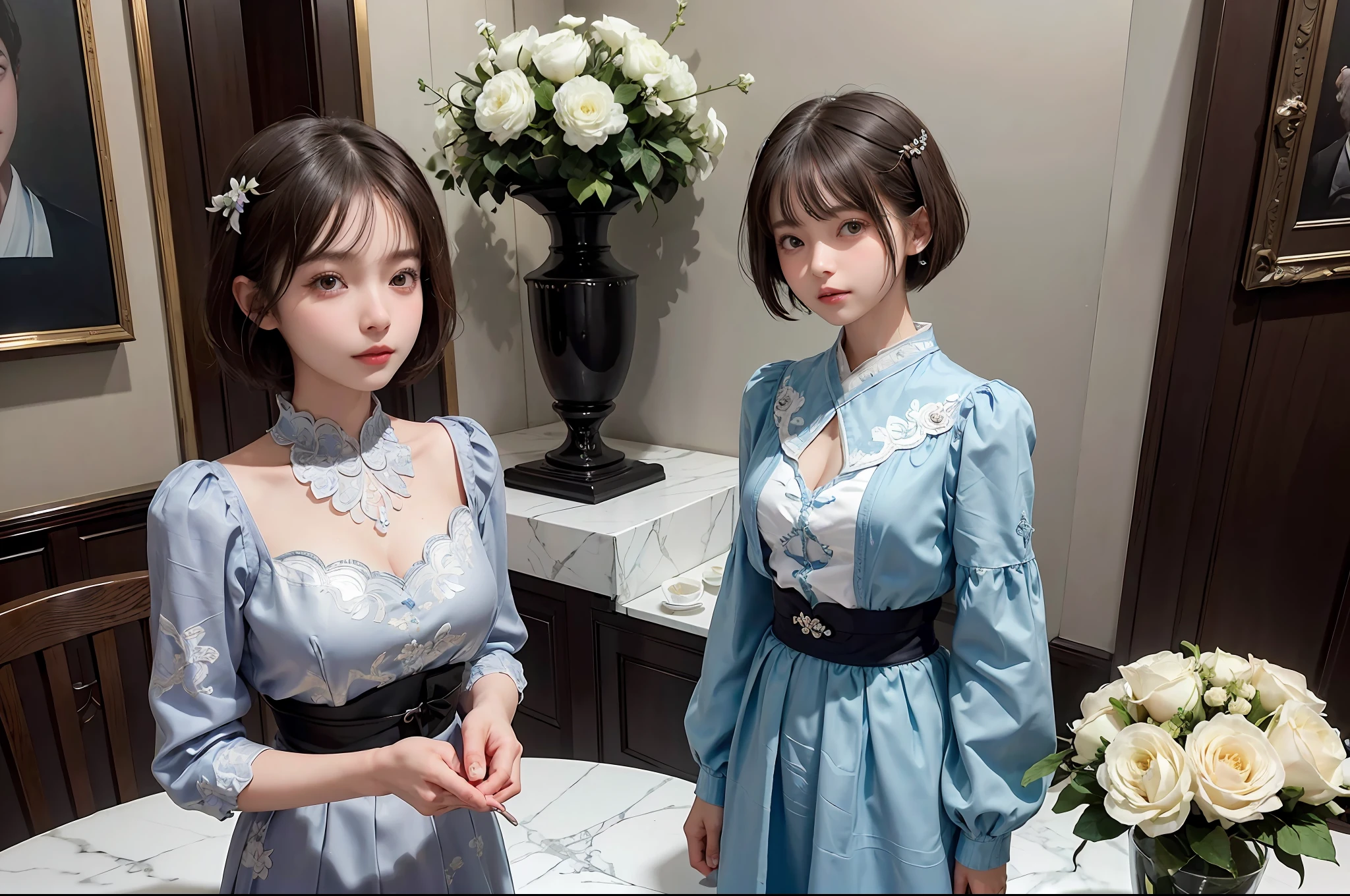masterpiece, 1 beautiful girls, (((very_Short_hair))), Eye details, Swollen eyes, Top image quality, 超A high resolution, (Realistis: 1.4), OriginalPhotographs, 1girl in, Cinematographic lighting, japanes, Asian Beauty, Korean, very beautif, Beautiful skins, Thin, (A hyper-realistic), (hight resolution), (8 K), (ighly detailed), (The best illustrations), (beautifully detailed eyes), (ultra-detailliert), A detailed face, see the beholder, Facing straight ahead, Neat Clothing, shorth hair、A dark-haired、46-point diagonal bangs、Luxury hotel interior background、flower arrangement、vases、Neat and clean, Picture frame painting