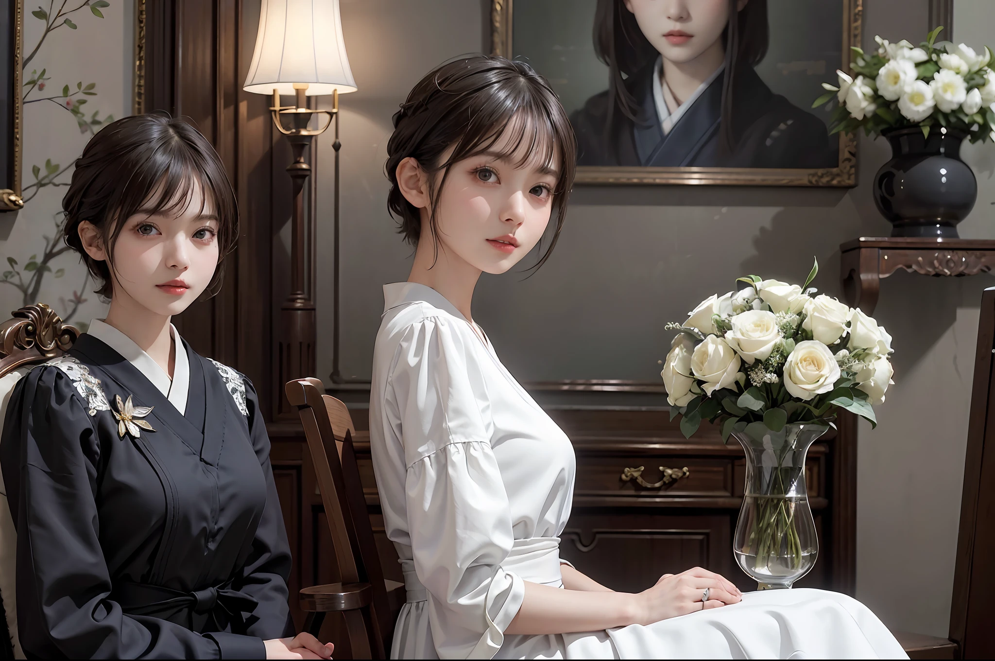masterpiece, 1 beautiful girls, (((very_Short_hair))), Eye details, Swollen eyes, Top image quality, 超A high resolution, (Realistis: 1.4), OriginalPhotographs, 1girl in, Cinematographic lighting, japanes, Asian Beauty, Korean, very beautif, Beautiful skins, Thin, (A hyper-realistic), (hight resolution), (8 K), (ighly detailed), (The best illustrations), (beautifully detailed eyes), (ultra-detailliert), A detailed face, see the beholder, Facing straight ahead, Neat Clothing, shorth hair、A dark-haired、46-point diagonal bangs、Luxury hotel interior background、flower arrangement、vases、Neat and clean, Picture frame painting