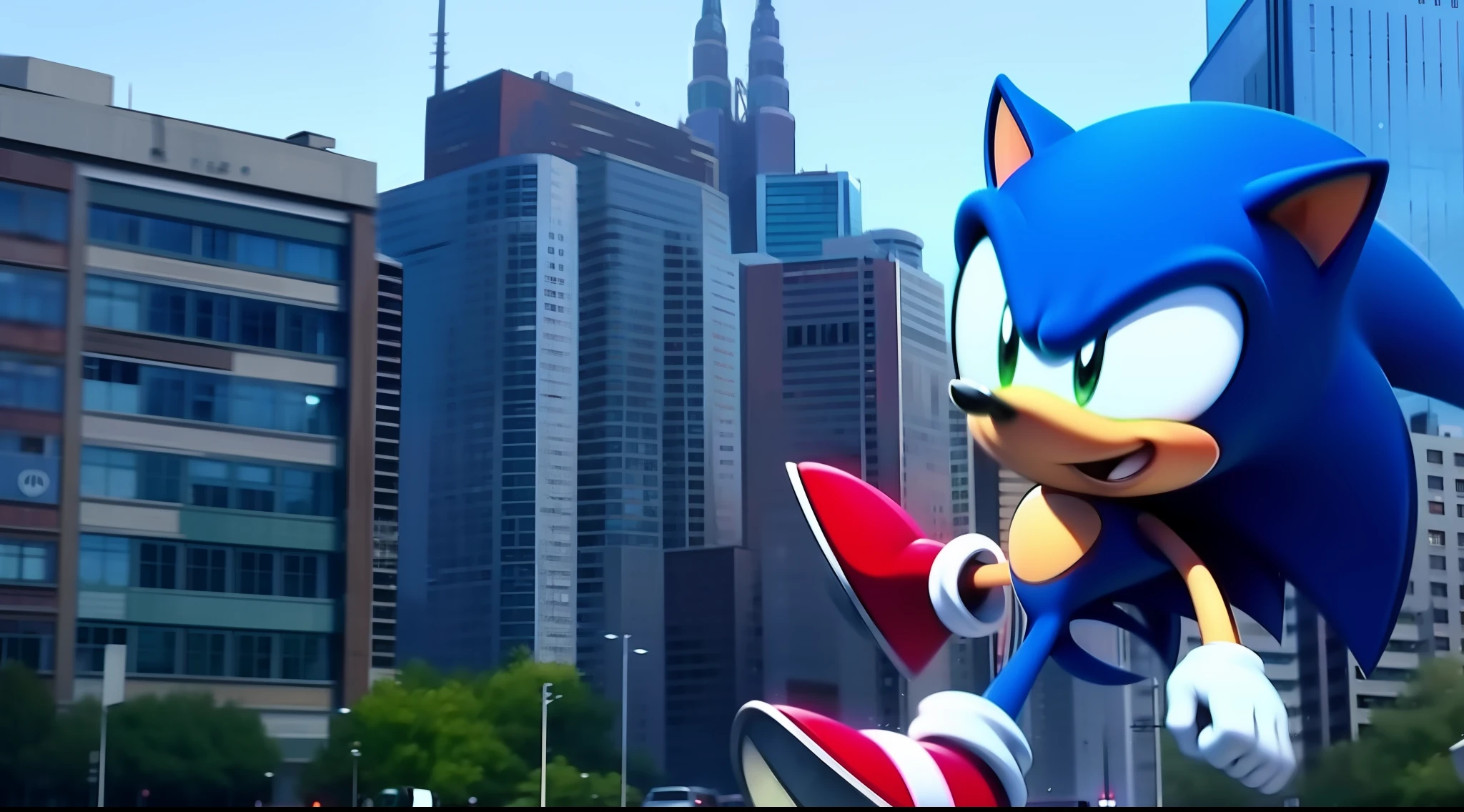 sonic is running in a city
