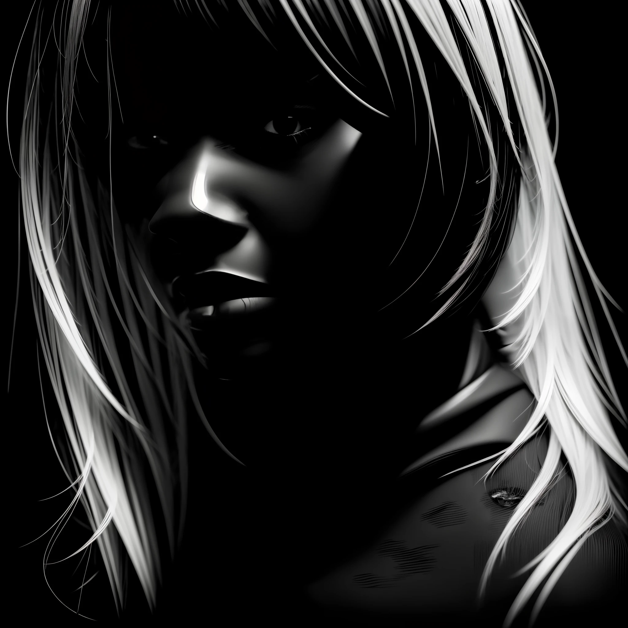 "((ebony), black , monochrome, minimalistic, elegant, high contrast), artistic portrait, intense gaze, strong facial features, dramatic lighting, deep shadows, captivating composition."
