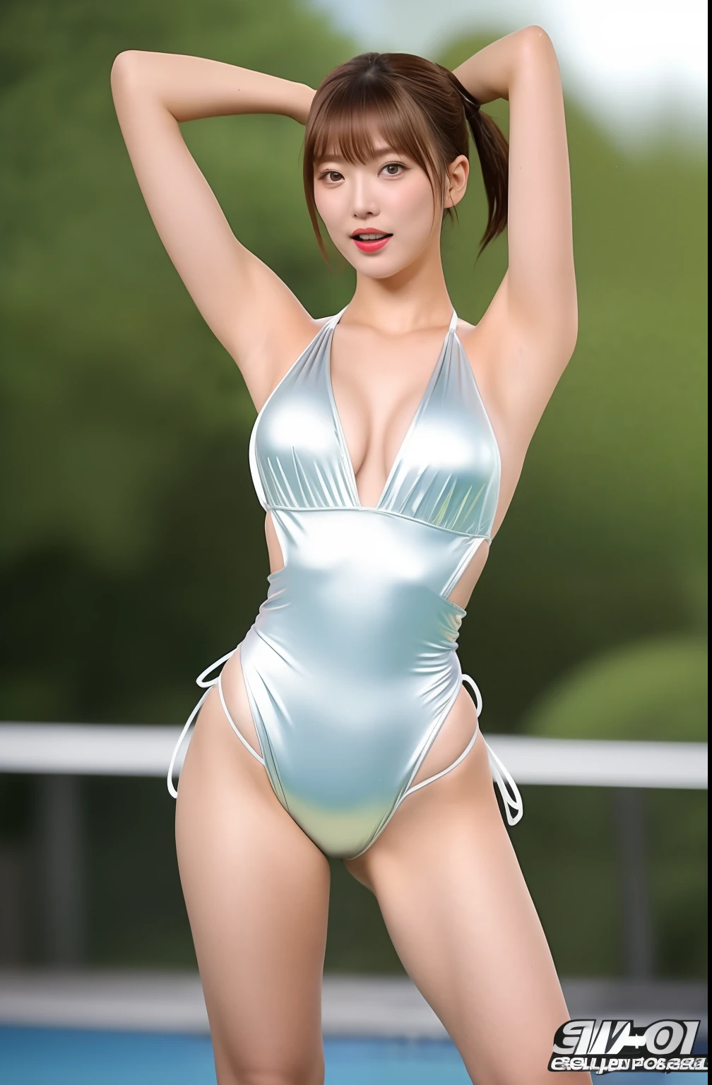 16 K, Arms behind your head, ((Opening legs)), masterpiece, Silver Monokini, ((Wearing erotic)), 24-year-old Korean woman, Wide waist, ((Opening legs)), (Sloppily open your mouth), sweaty and shiny skin, Brown hair, poneyTail, Watch Viewer, full body Esbian, perfect bodies