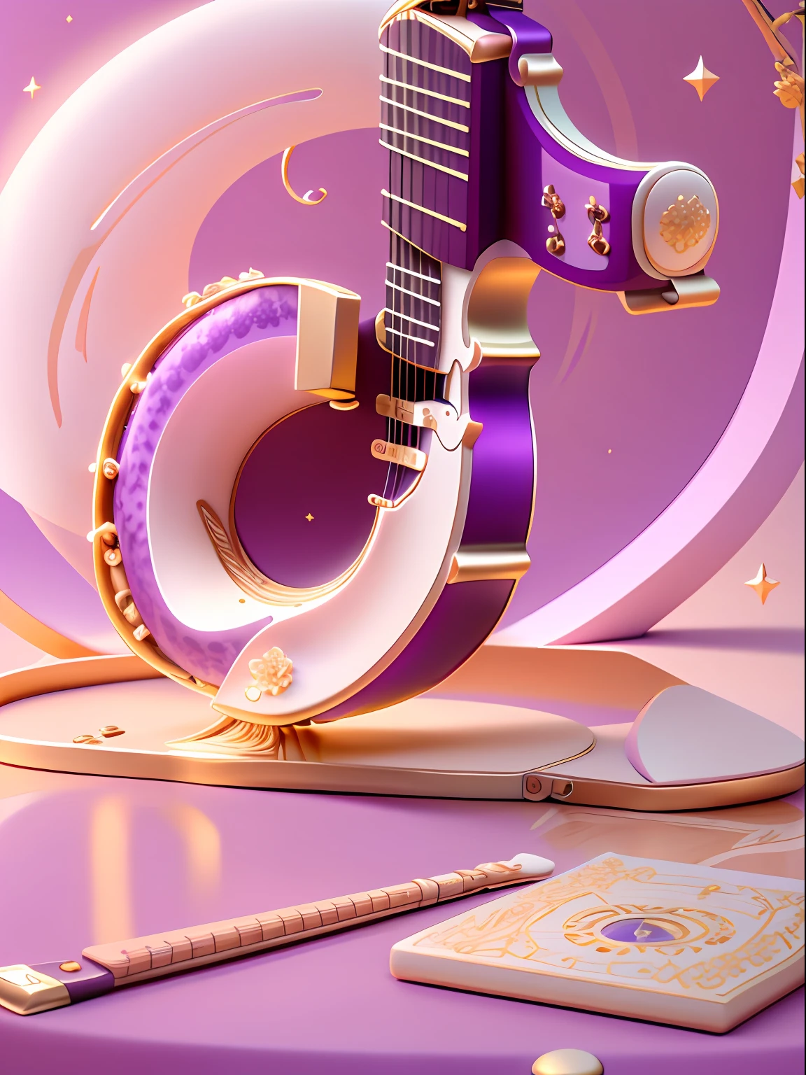 kosmos,Purple white,fond violet,starrysky:2,Golden curves,TikTok symbols(Internal guitar,microphones,Kim Violin,Golden magnolia flowers:2,Golden Bamboo),Gold plastic armor,Funeral style,Xianxia TV series