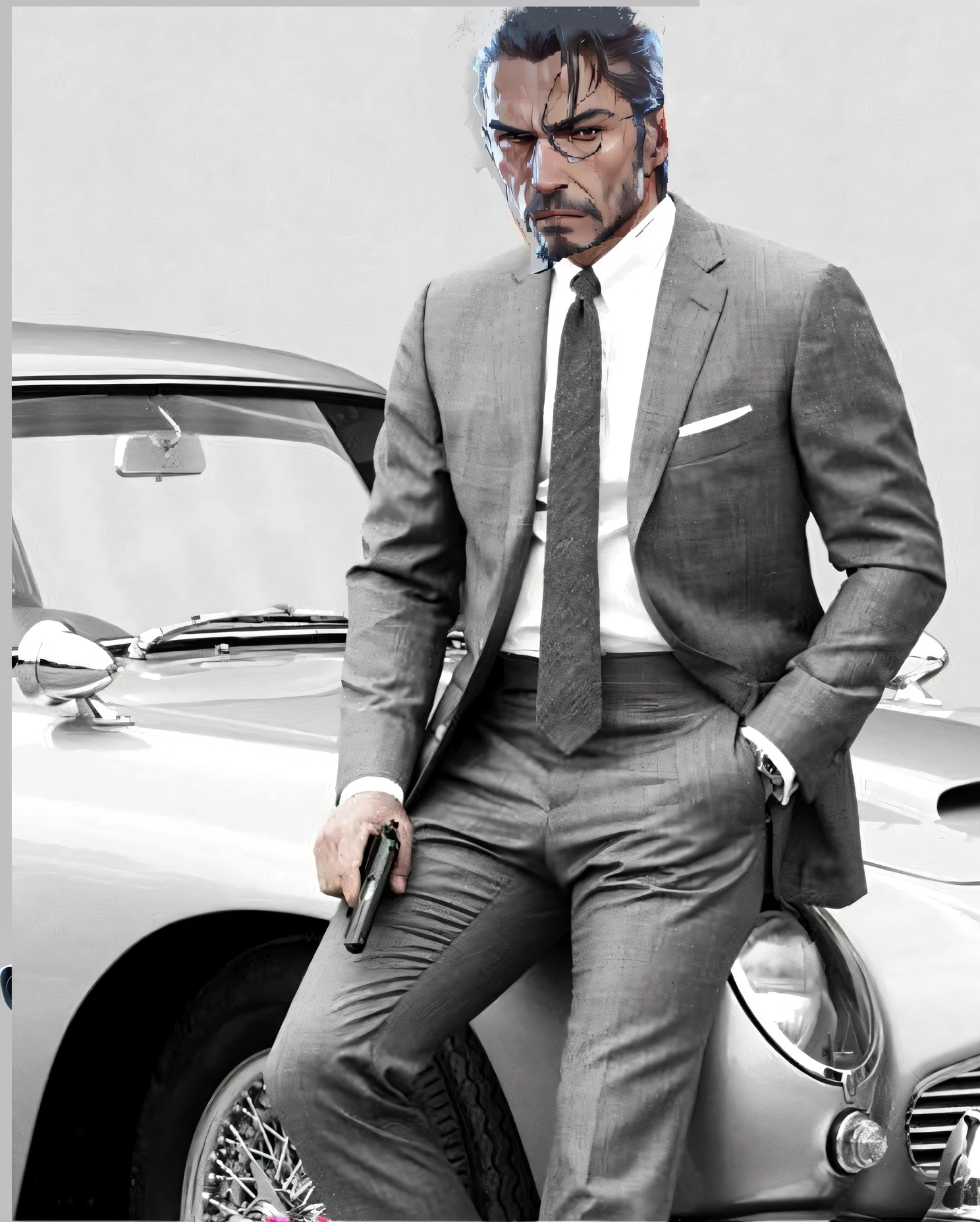 Man in Suit Alafed leaning on car with gun, Vector art inspired by Constantin Andrew, Tumbler, Photorealism, Sean Connery(big boss), Clint Eastwood movie style, wearing a suit and glasses, hyperrealistic jeff goldblum, Hideo Kojima's Style Blend, Grey Suit, Mads Mikkelsen Smoking Tobacco, iconic film character