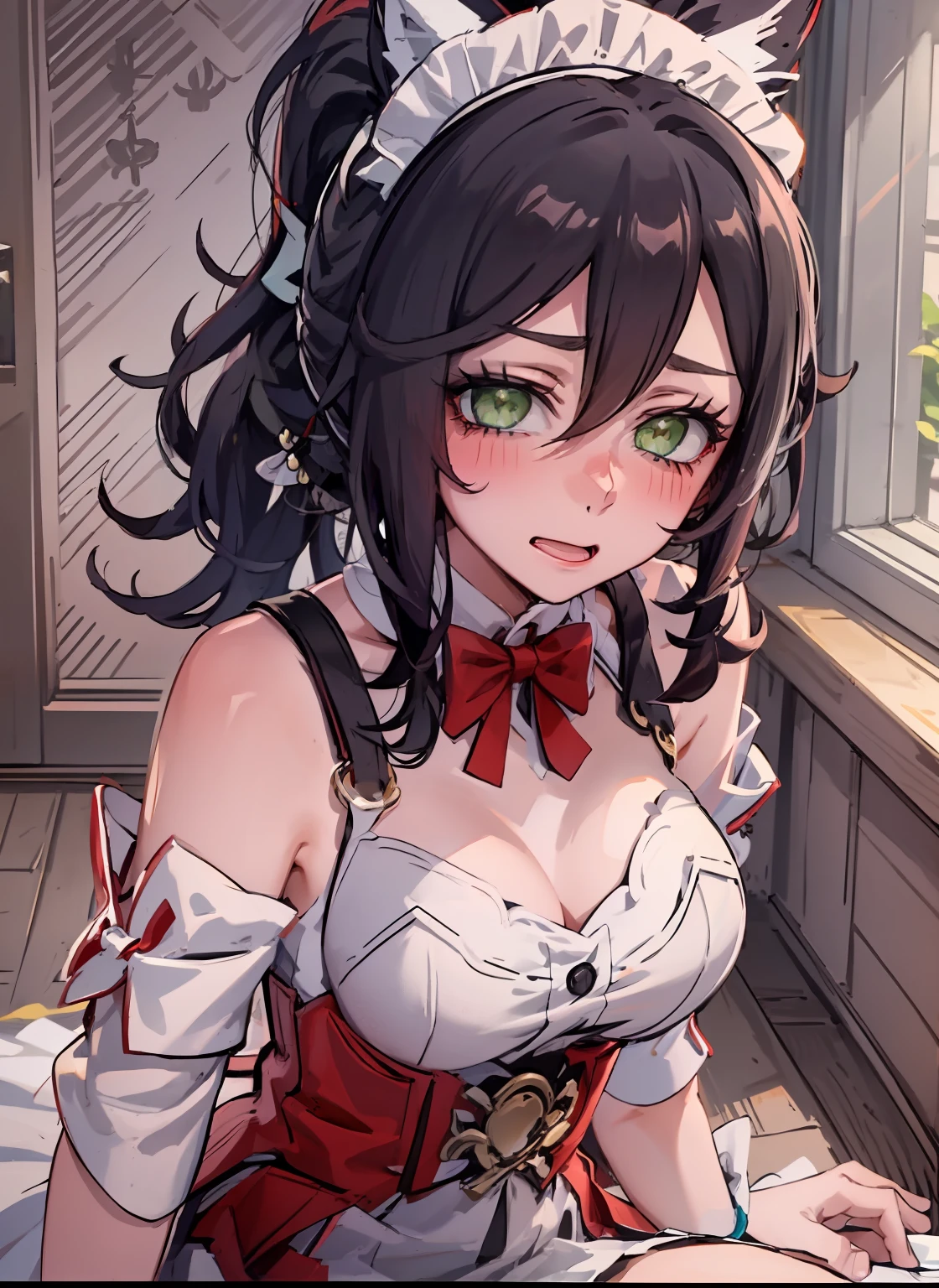 1girl, official, green eyes, love in eyes, double ponytail, bow hairpins, blushing, shyness, drooling, rolling eyes, white bow tie, maid outfit, long sleeves, miniskirt, big breasts